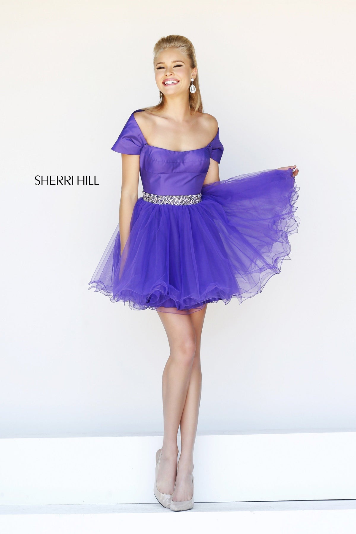 Sherri Hill 21192 off-the-shoulder cocktail dress with beaded waist in purple