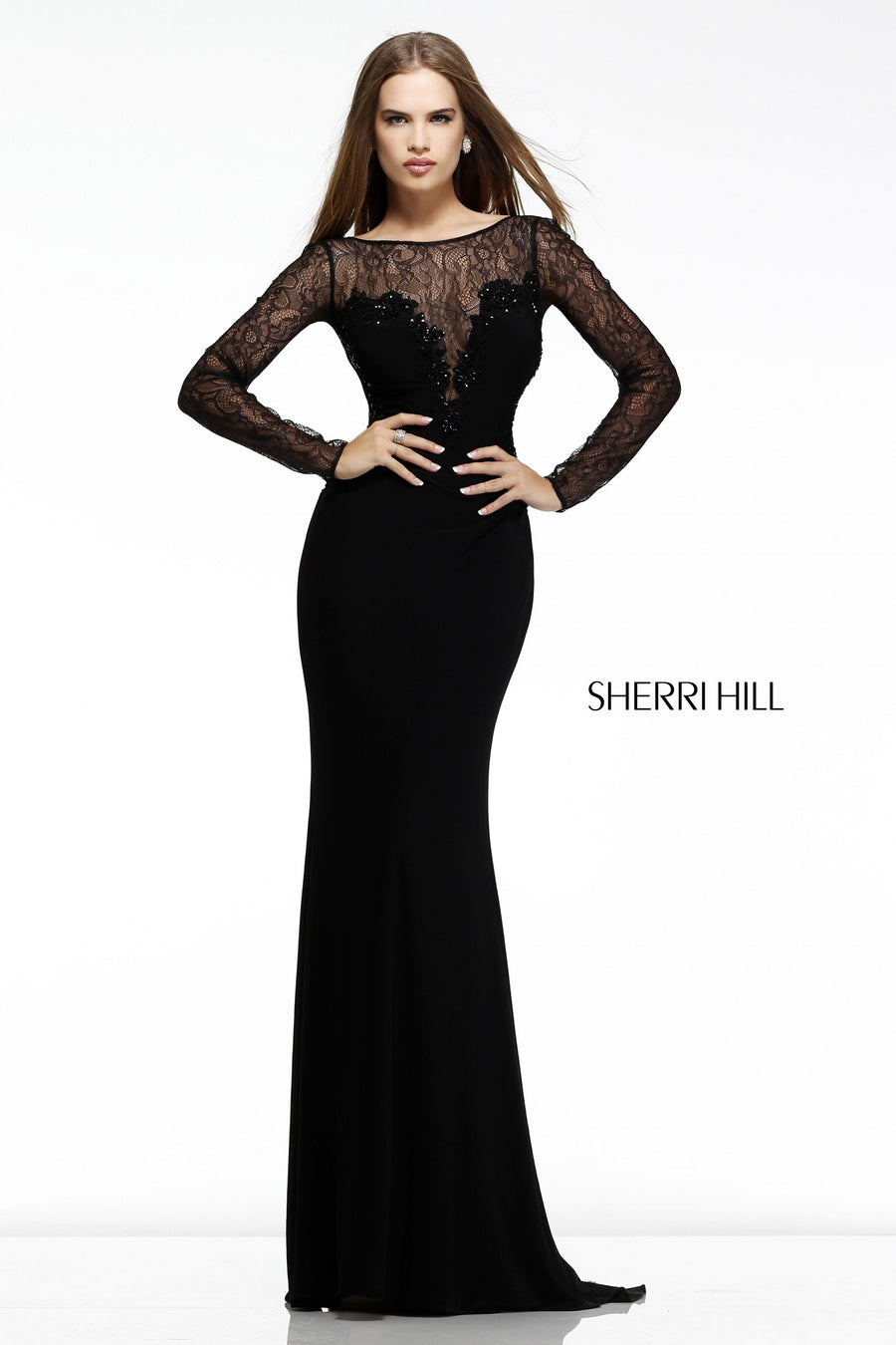 Sherri Hill style 4309 in black, Long-Sleeve Fitted Jersey Gown with Sheer Yoke
