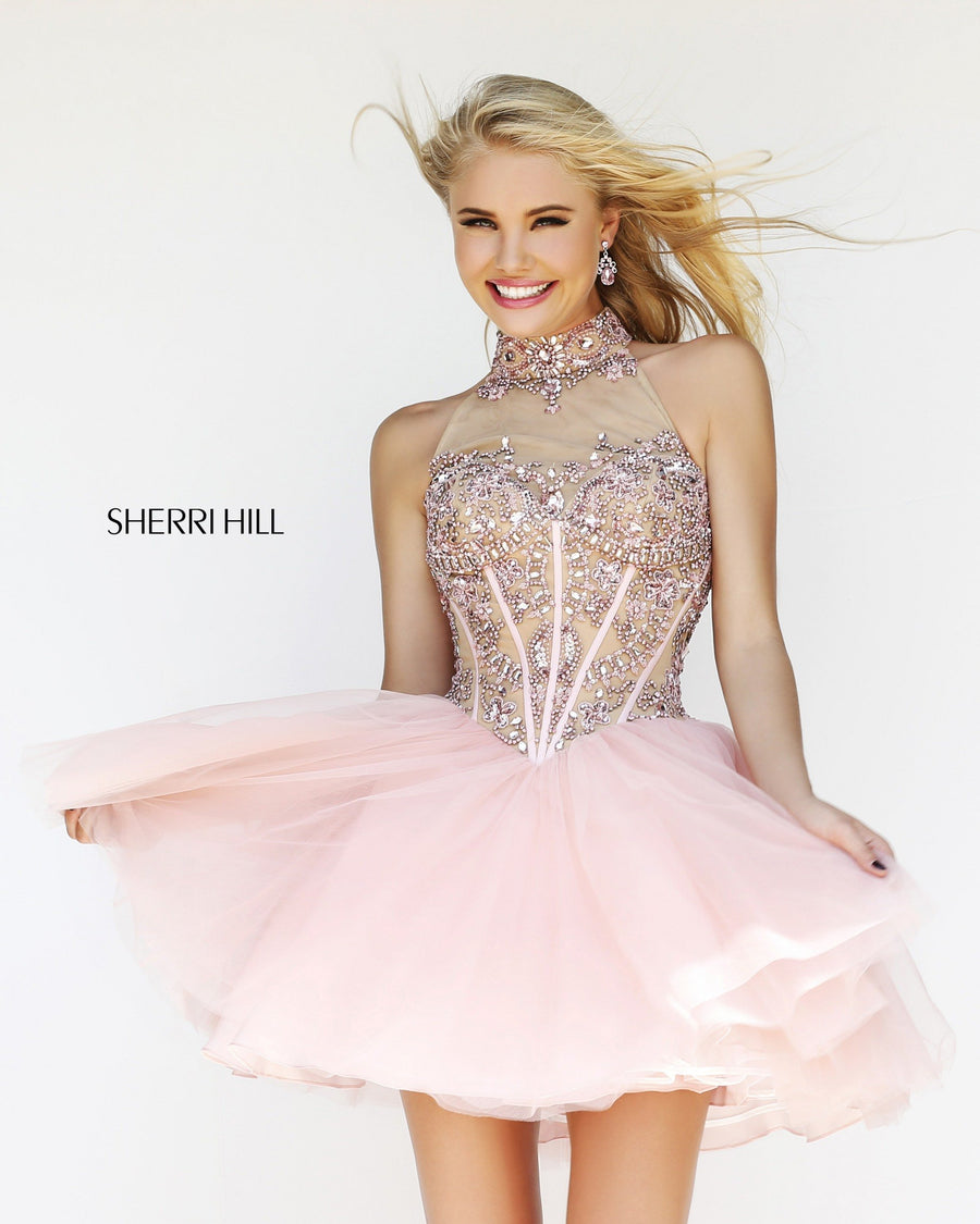 Sherri Hill style 21225 in nude, High-Neck Beaded Cocktail Dress