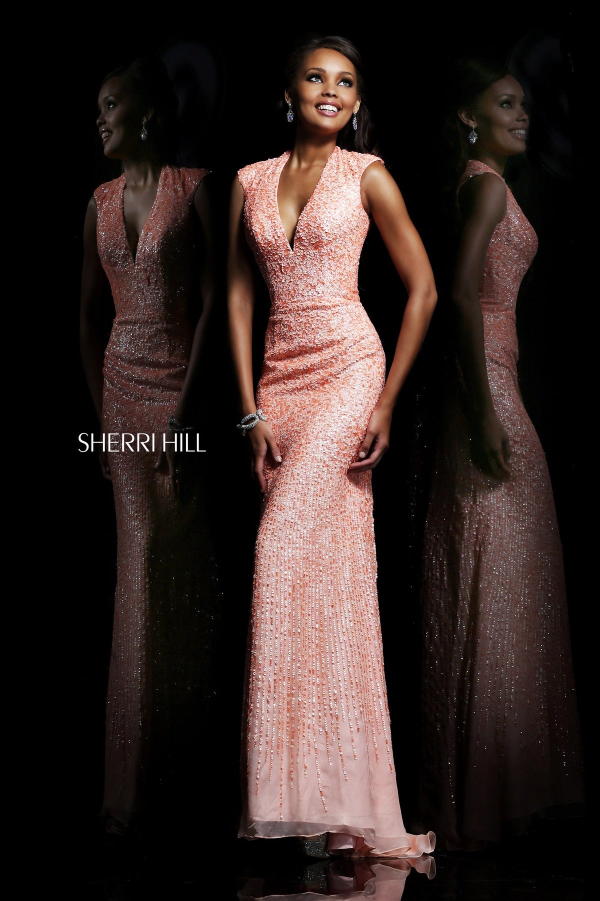 Sherri Hill 8529 V-neck sequin fitted gown in peach