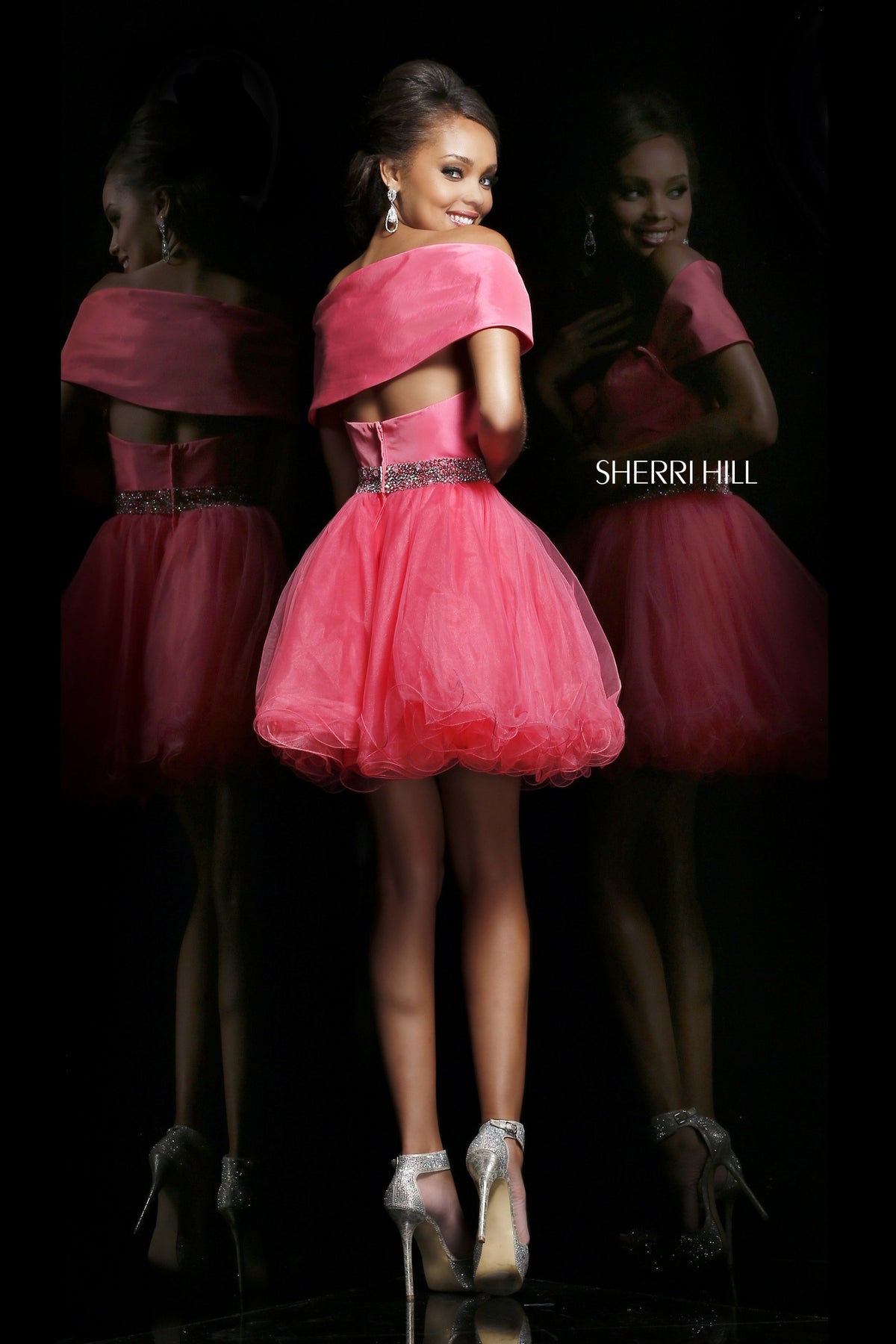 Sherri Hill 21192 off-the-shoulder cocktail dress with beaded waist