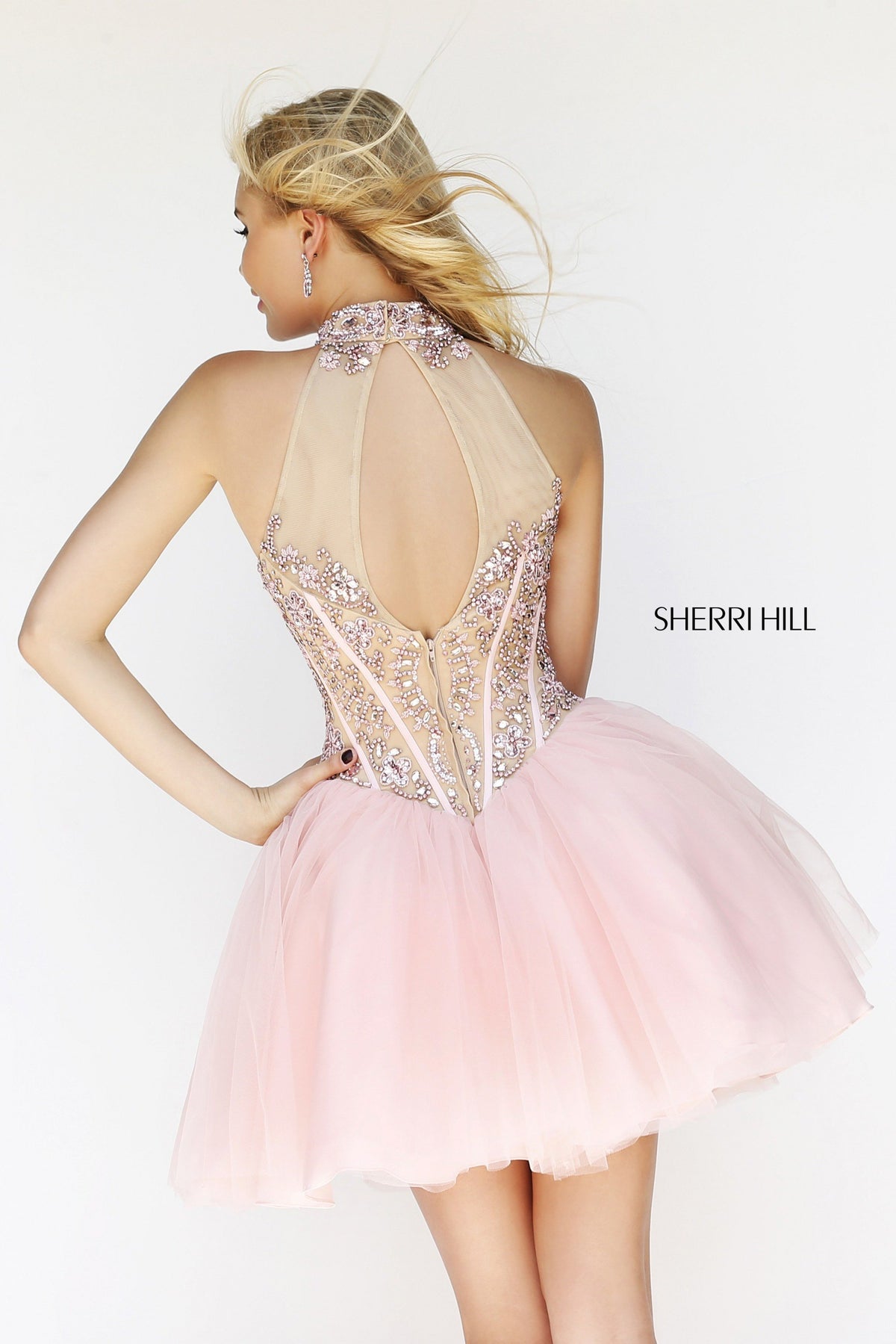 Sherri Hill 21225 high-neck beaded cocktail dress with tulle skirt