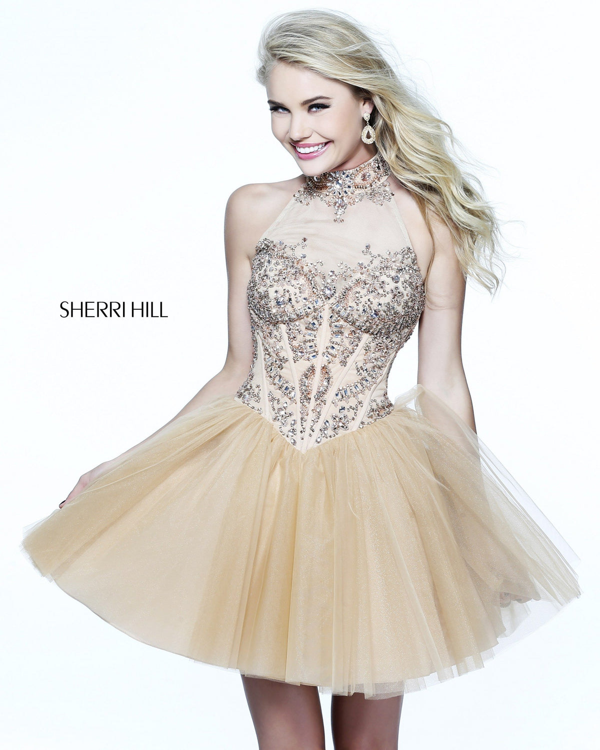 Sherri Hill 21225 high-neck beaded cocktail dress with tulle skirt in nude