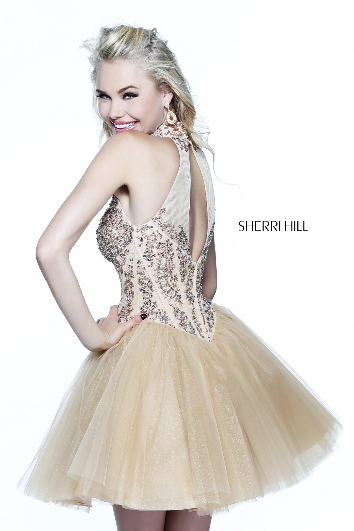 Sherri Hill 21225 high-neck beaded cocktail dress with tulle skirt