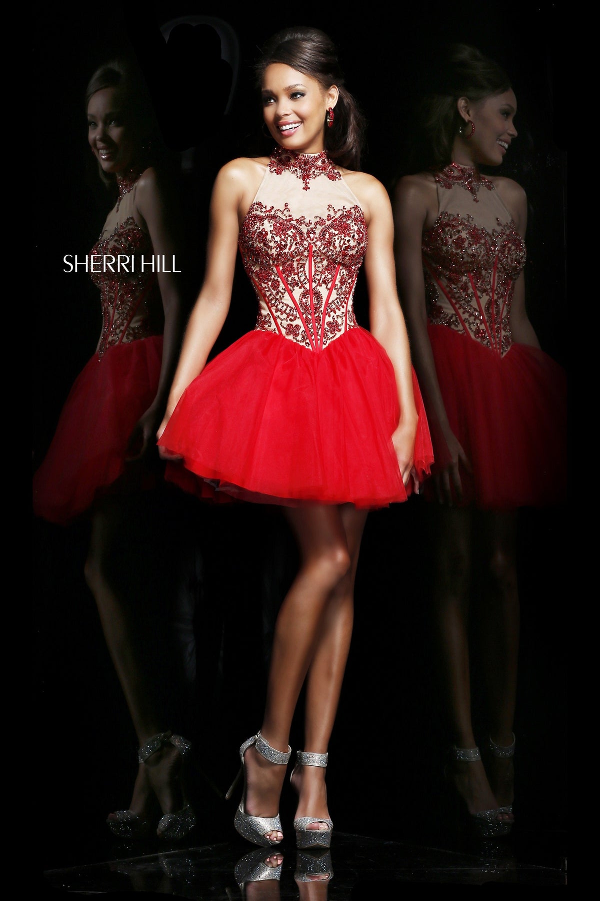 Sherri Hill 21225 high-neck beaded cocktail dress with tulle skirt in red/nude
