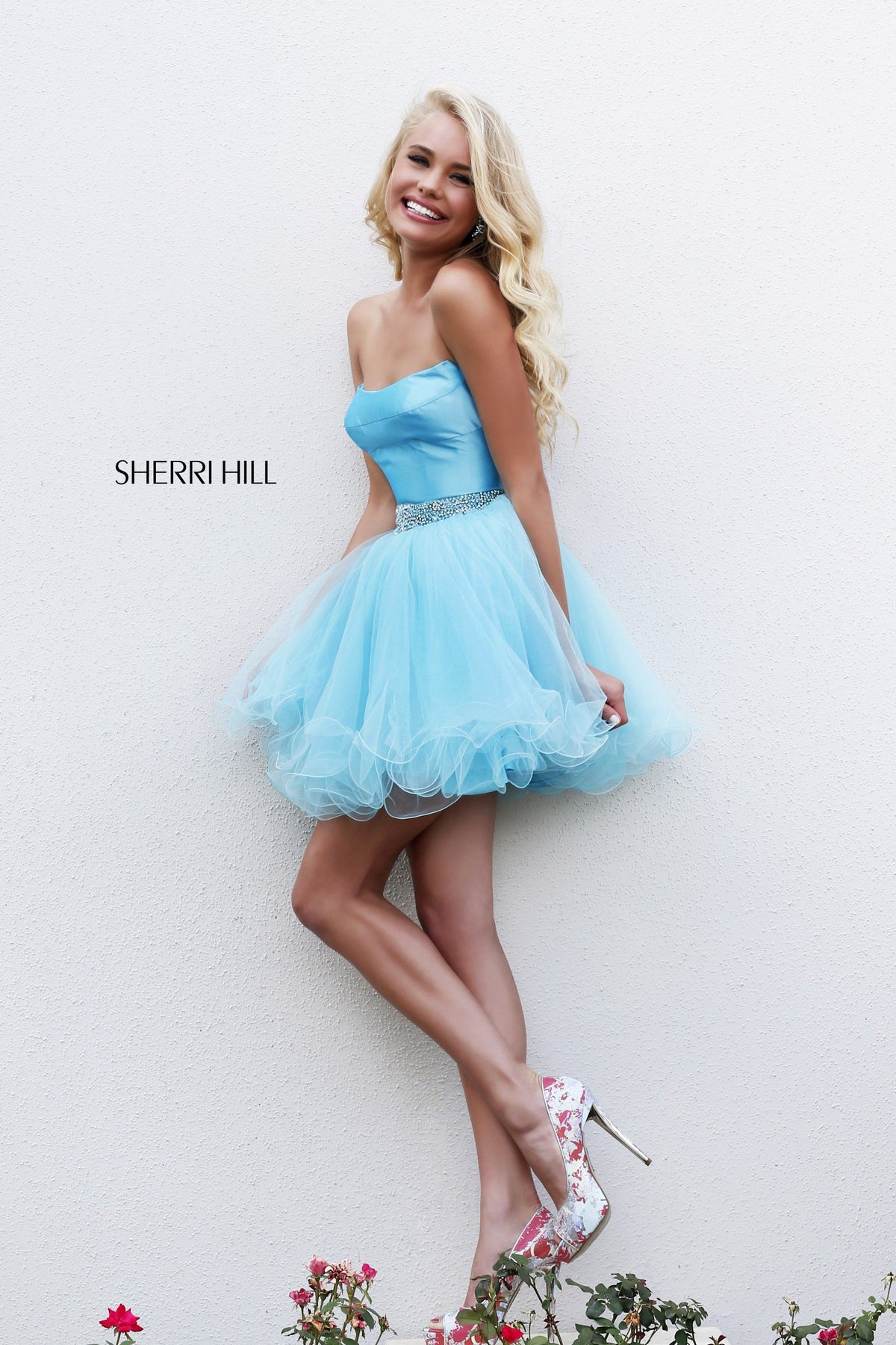 Sherri Hill 21192 off-the-shoulder cocktail dress with beaded waist