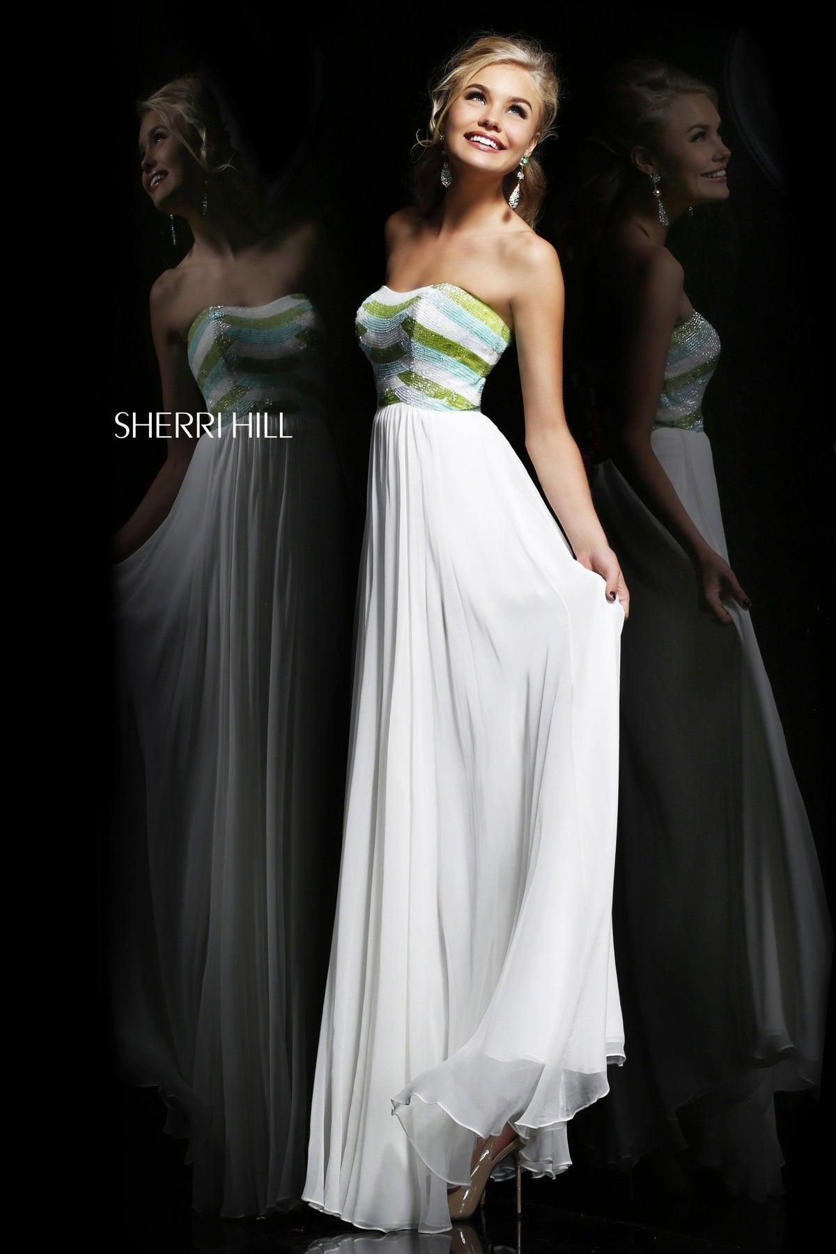 Sherri Hill 8532 strapless beaded dress with open back in ivory/aqua/green
