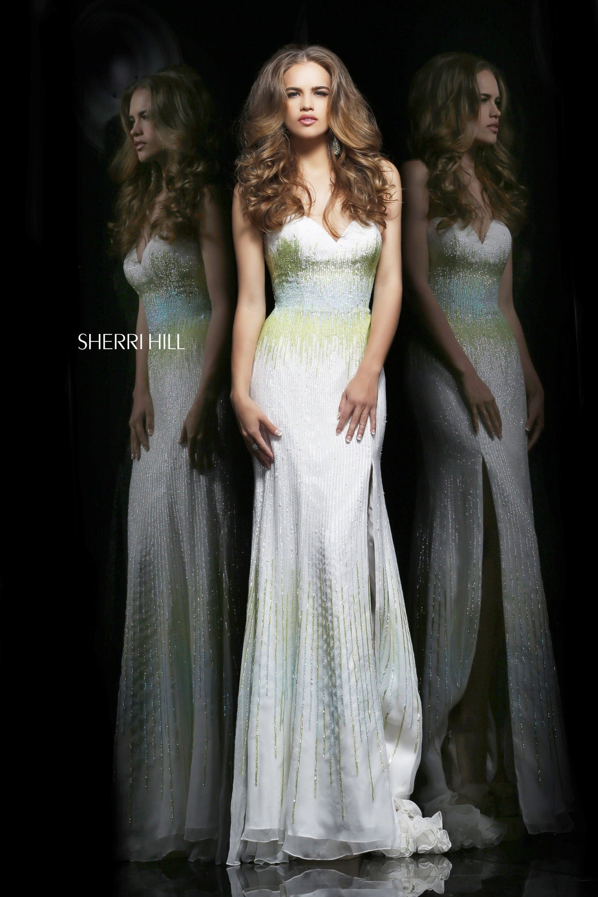 Sherri Hill 8536 strapless beaded fitted gown in ivory/green/aqua