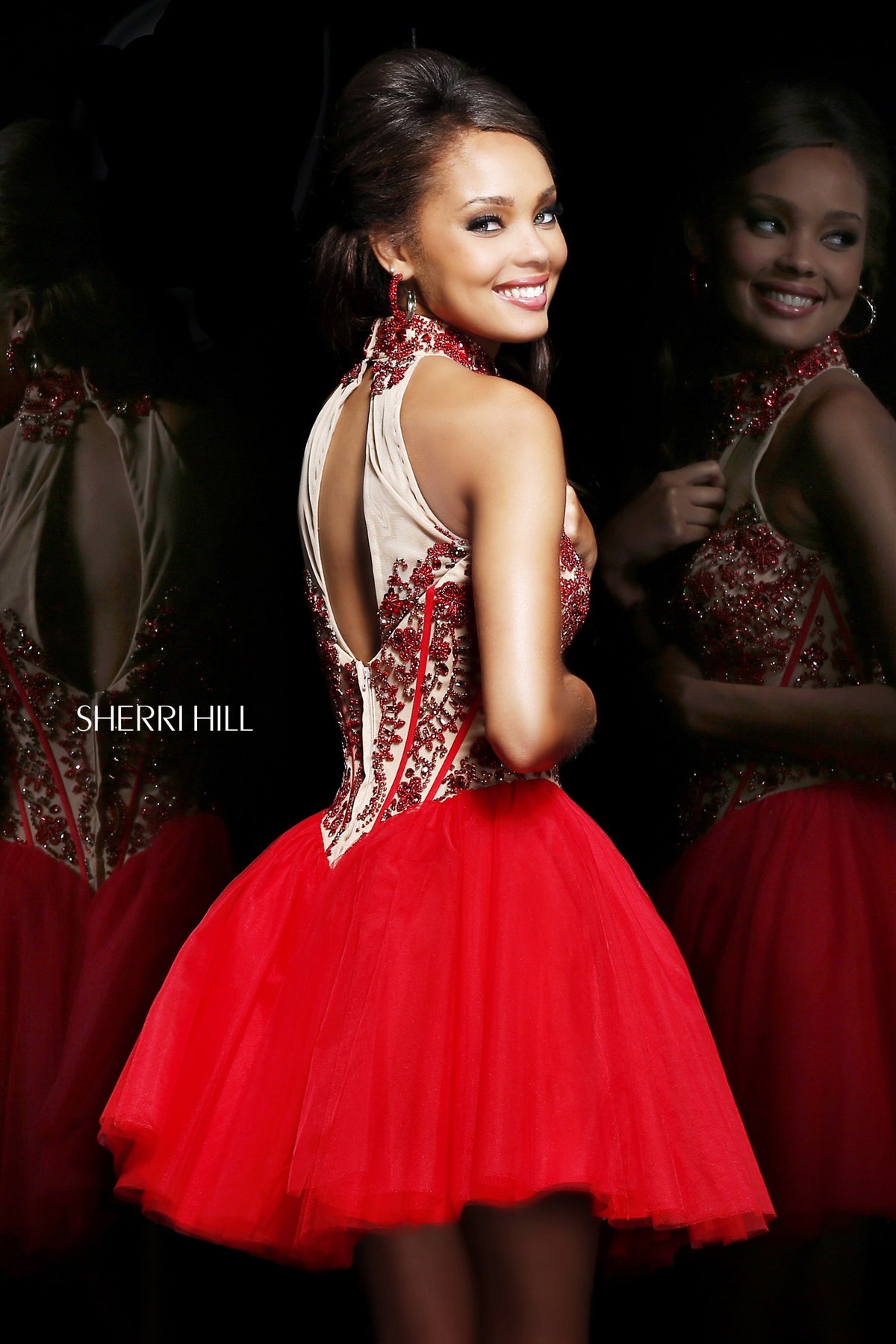 Sherri Hill 21225 high-neck beaded cocktail dress with tulle skirt