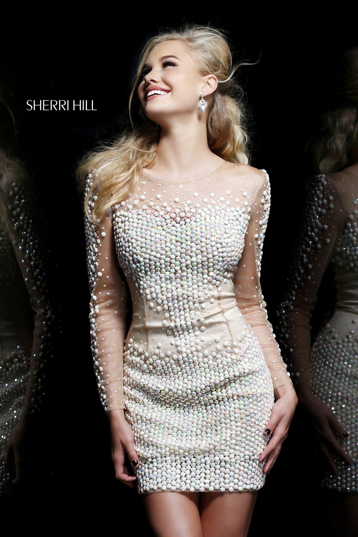 Sherri Hill 8539 beaded long-sleeve dress in nude/opal