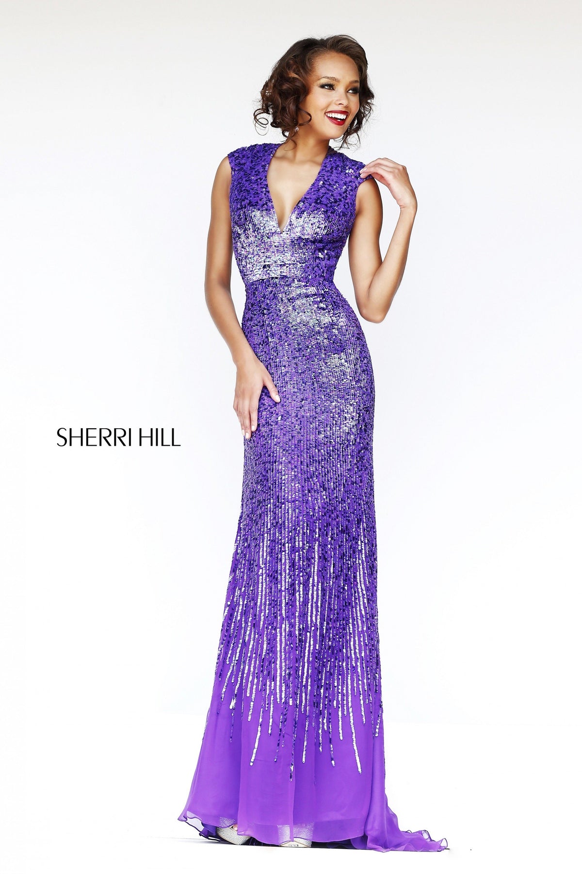 Sherri Hill 8529 V-neck sequin fitted gown in purple