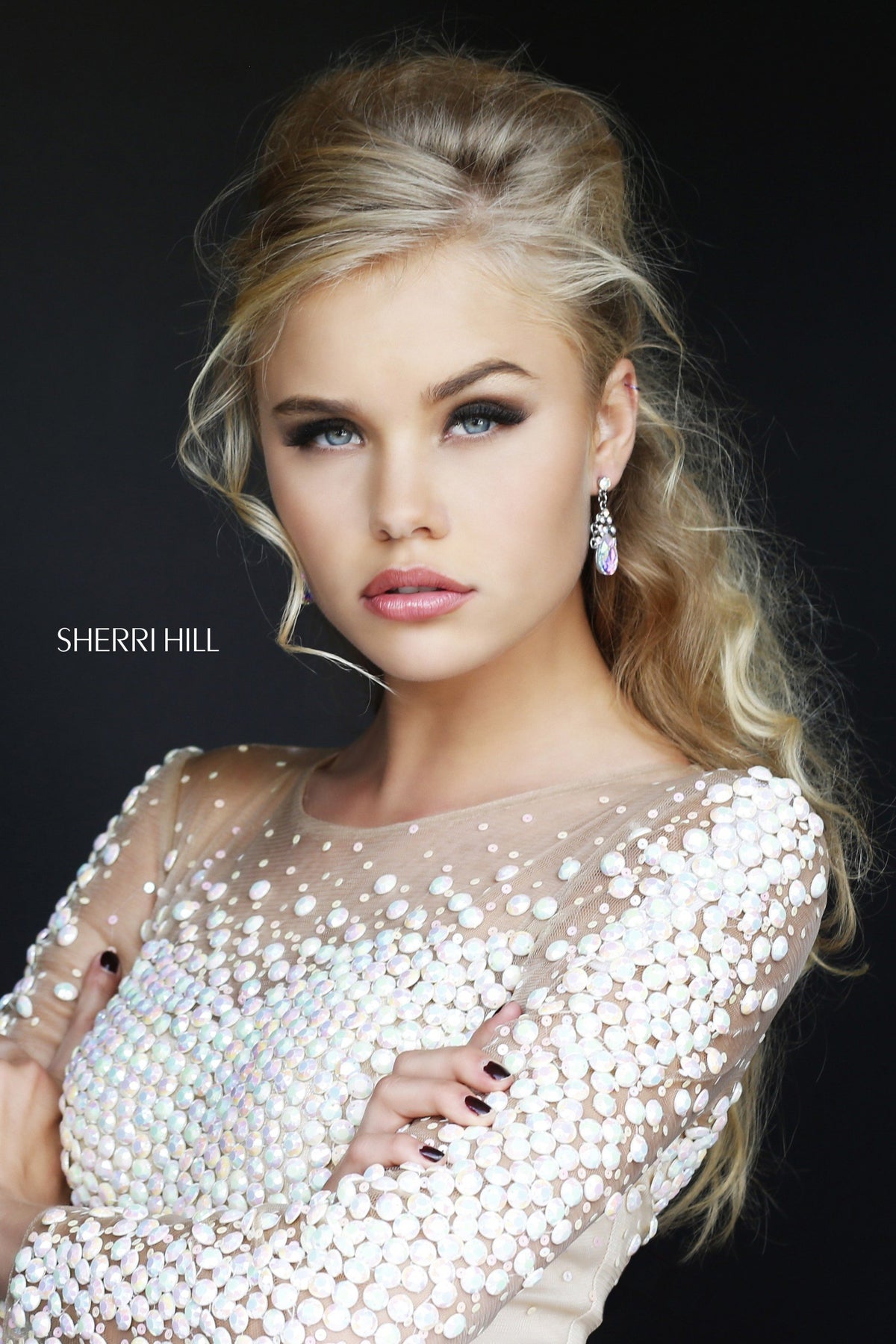 Sherri Hill 8539 beaded long-sleeve dress in nude/opal
