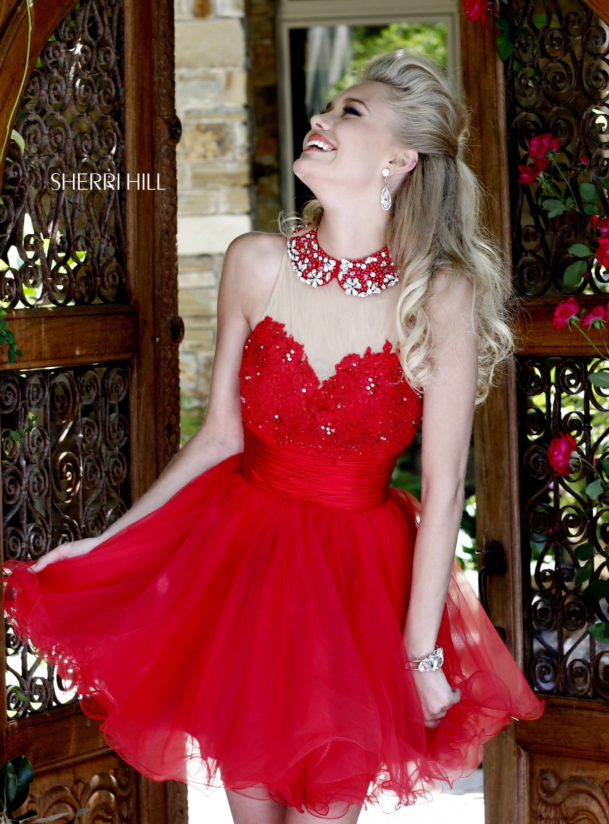 Sherri Hill 21227 strapless cocktail dress with tulle skirt in red