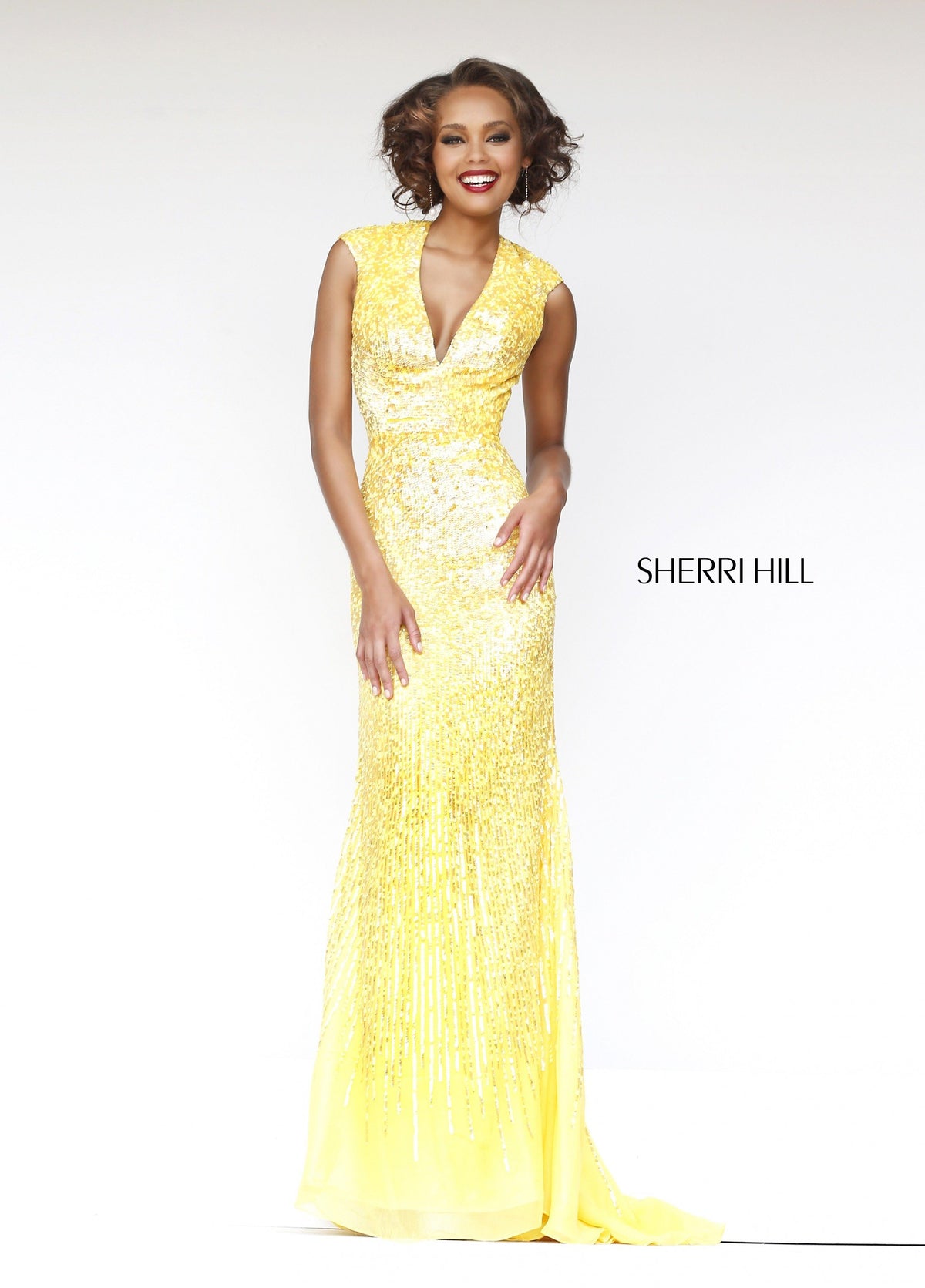Sherri Hill 8529 V-neck sequin fitted gown in yellow
