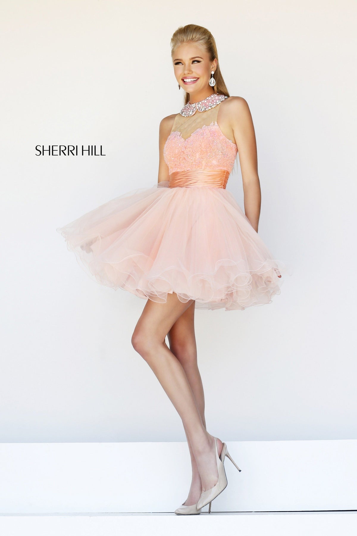 Sherri Hill 21227 strapless cocktail dress with tulle skirt in pink/nude
