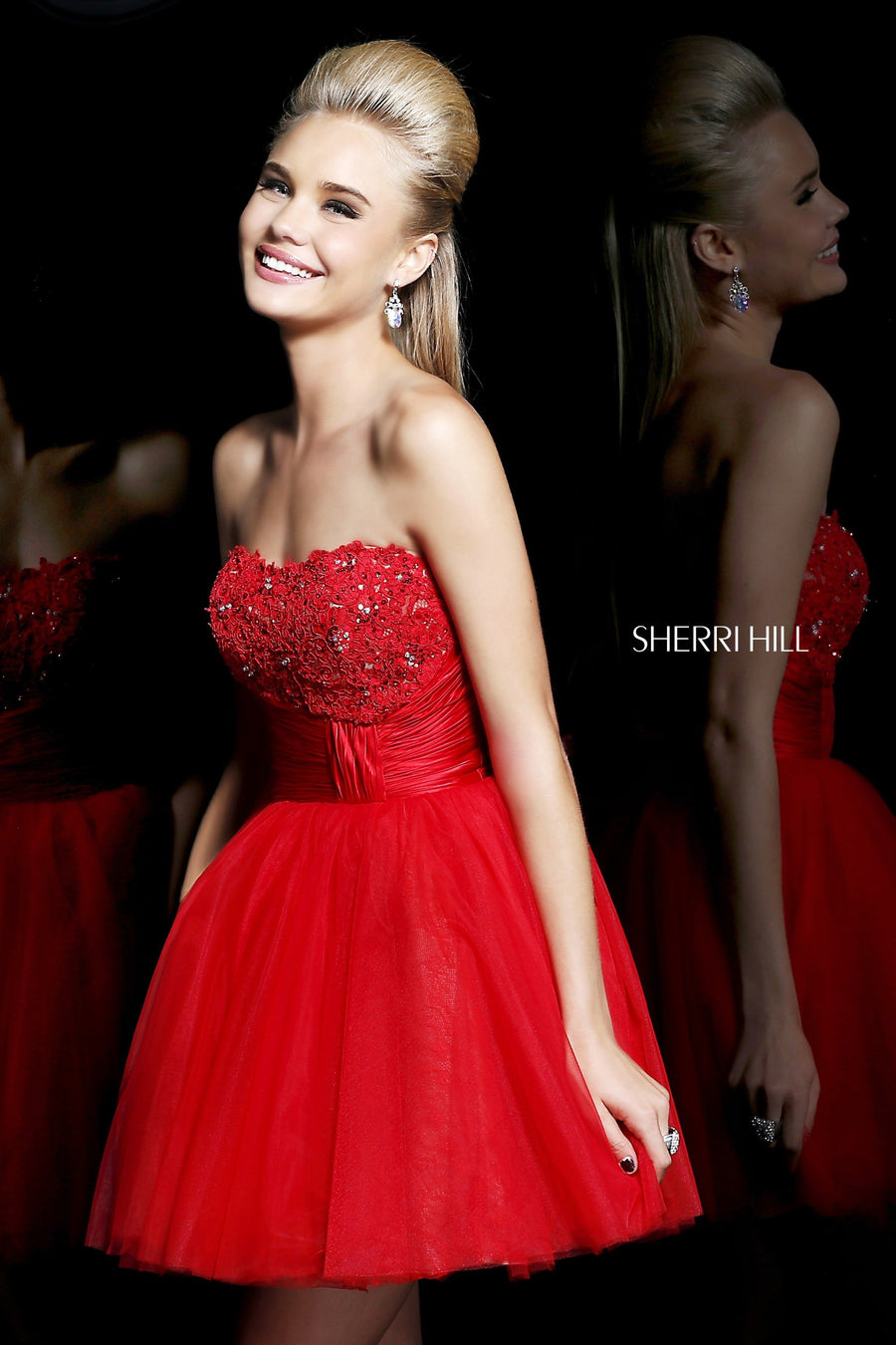 Sherri Hill style 21228 in red, Strapless Beaded Cocktail Dress