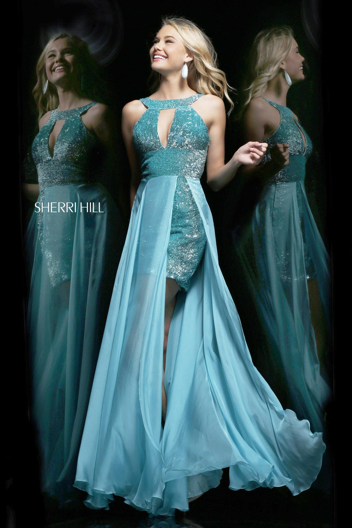 Sherri Hill 8540 high-neck beaded chiffon gown in aqua