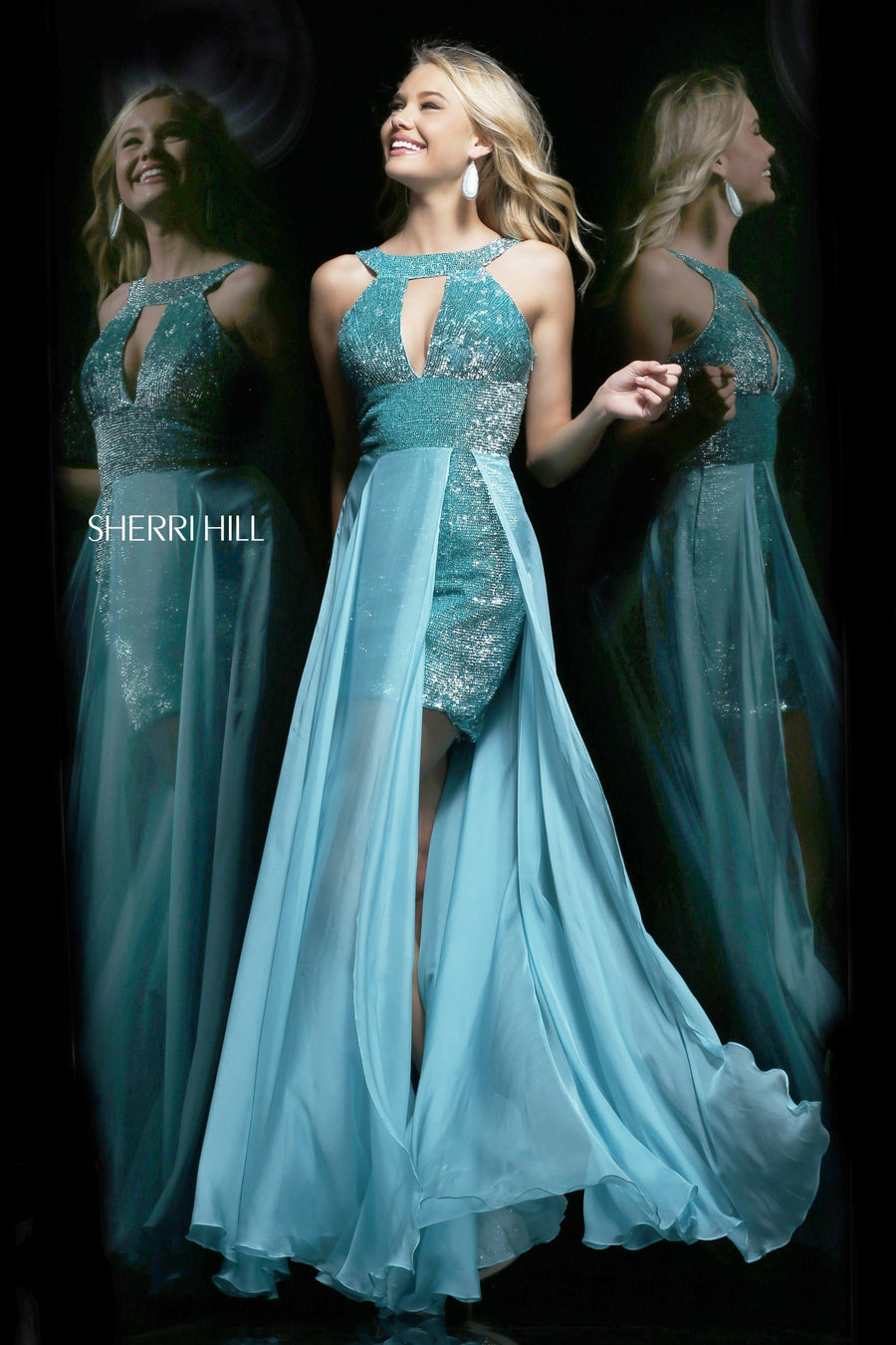 Sherri Hill style 8540 in aqua, High-Neck Beaded Chiffon Gown