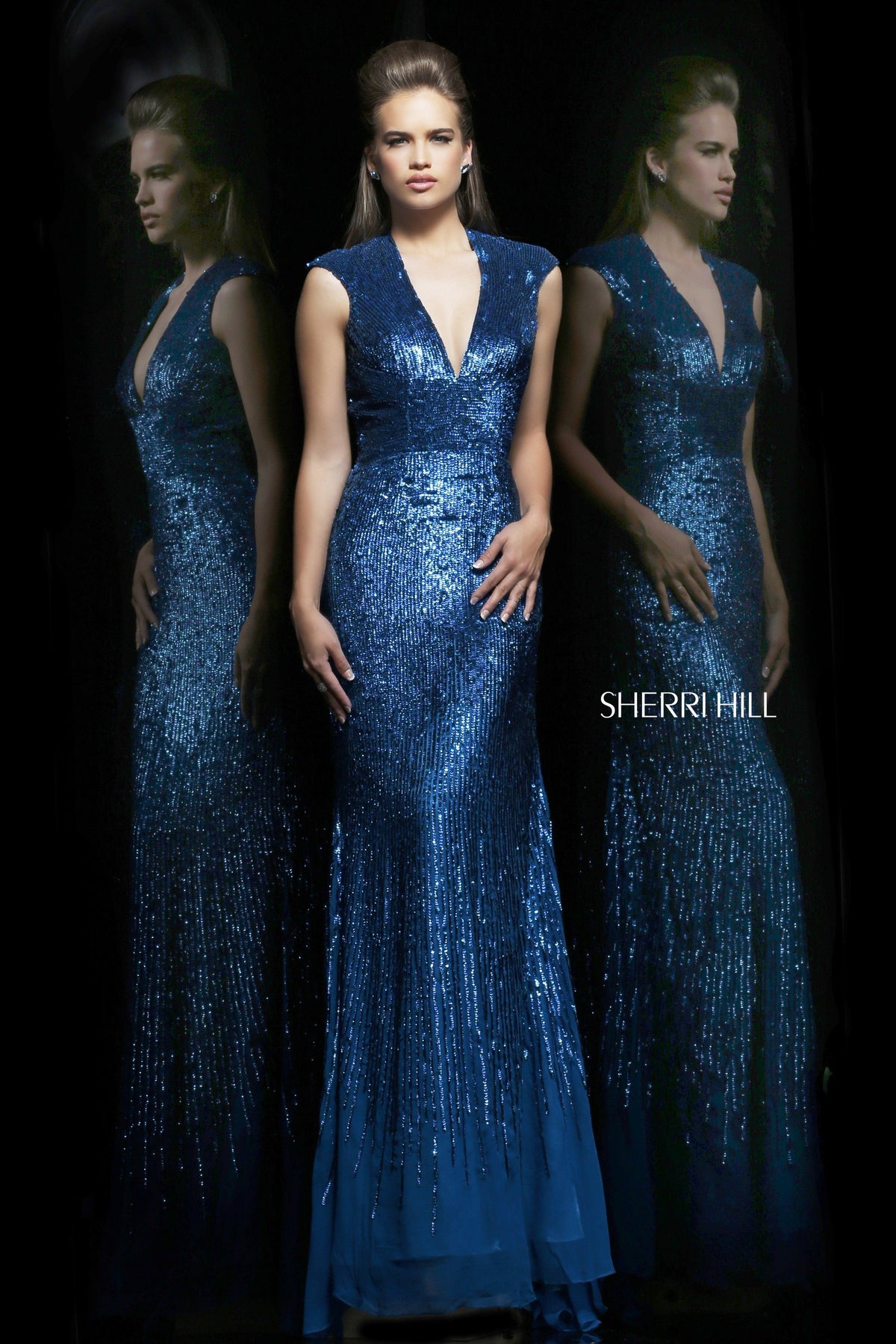 Sherri Hill 8529 V-neck sequin fitted gown in peacock