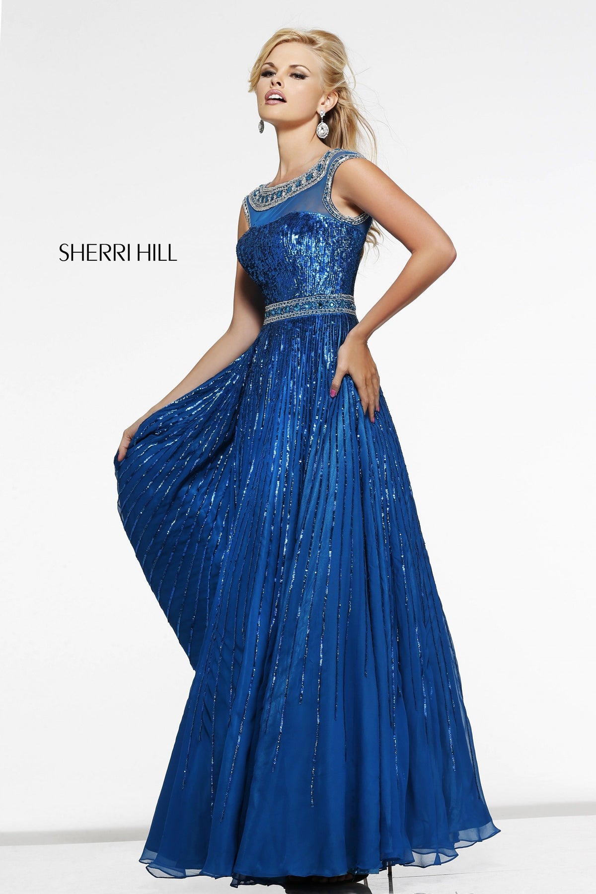 Sherri Hill 8531 cap-sleeve beaded gown in peacock
