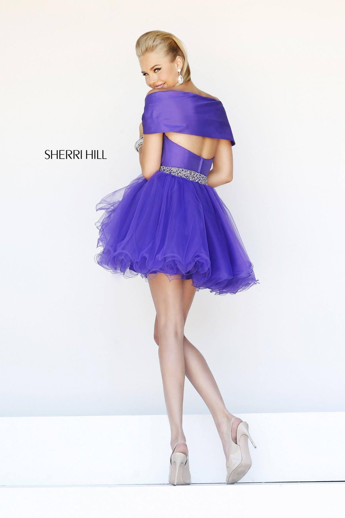 Sherri Hill 21192 off-the-shoulder cocktail dress with beaded waist