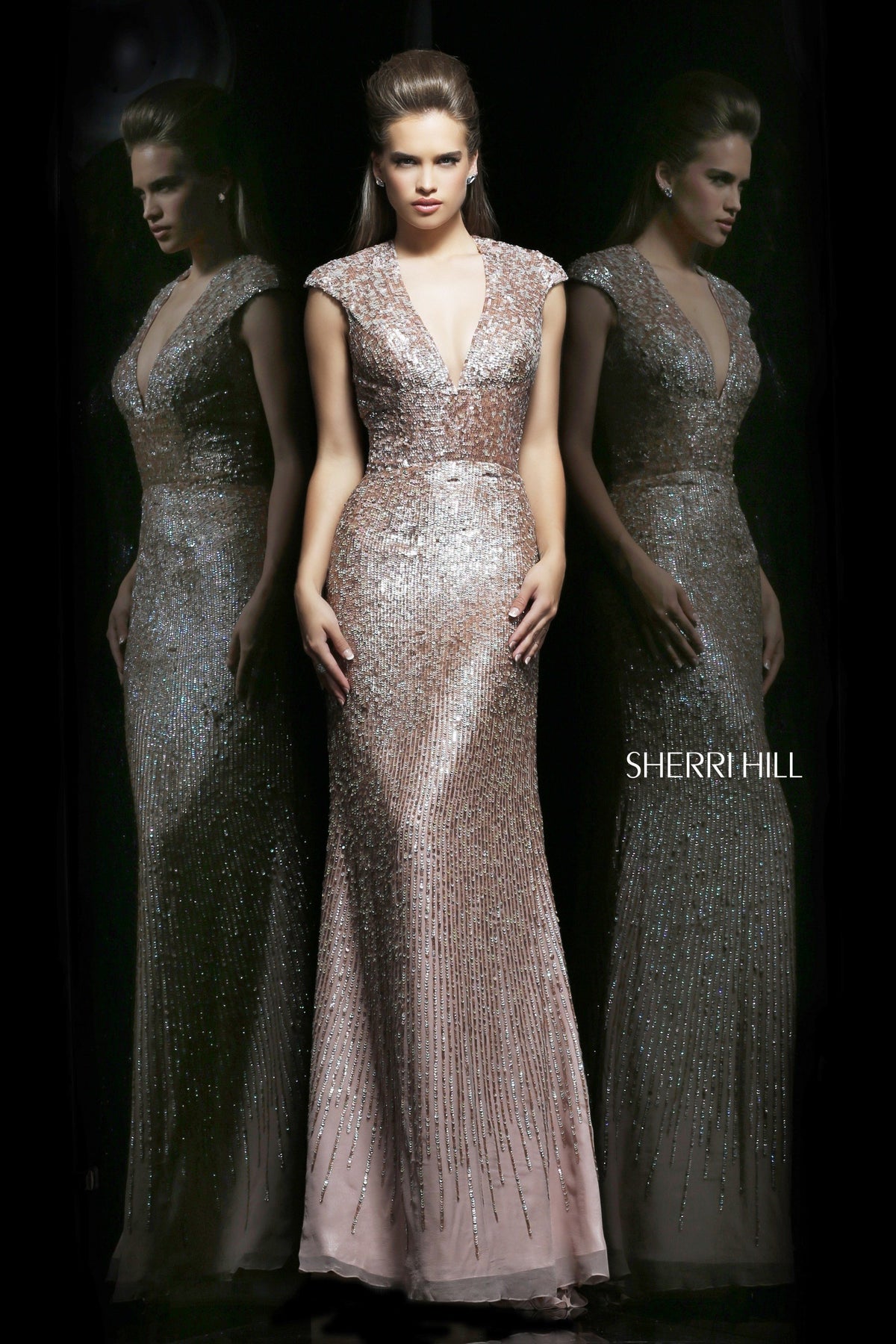 Sherri Hill 8529 V-neck sequin fitted gown in nude