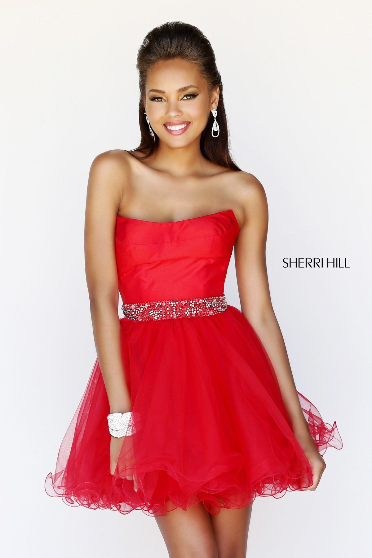 Sherri Hill 21192 off-the-shoulder cocktail dress with beaded waist