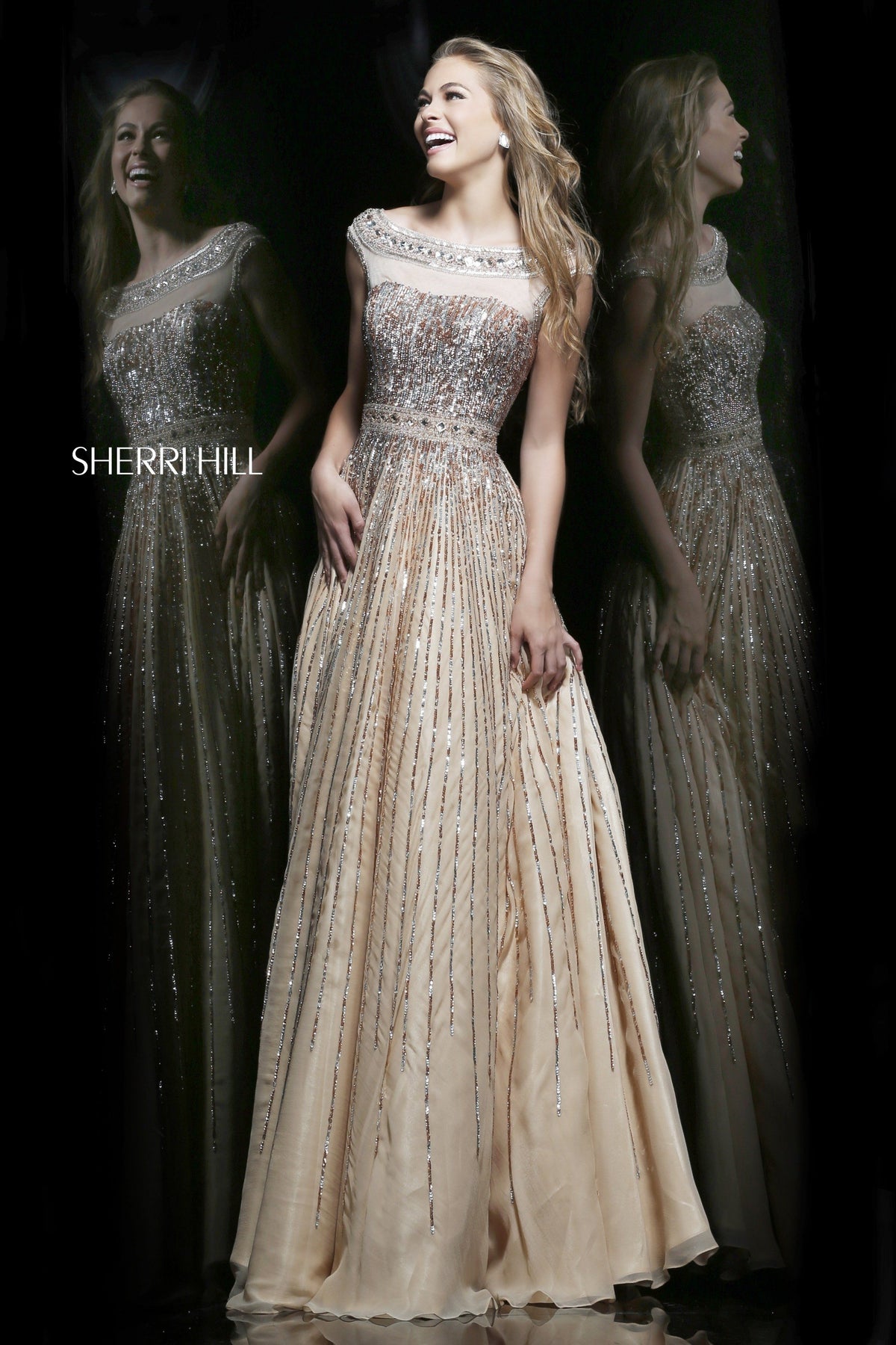 Sherri Hill 8531 cap-sleeve beaded gown in nude