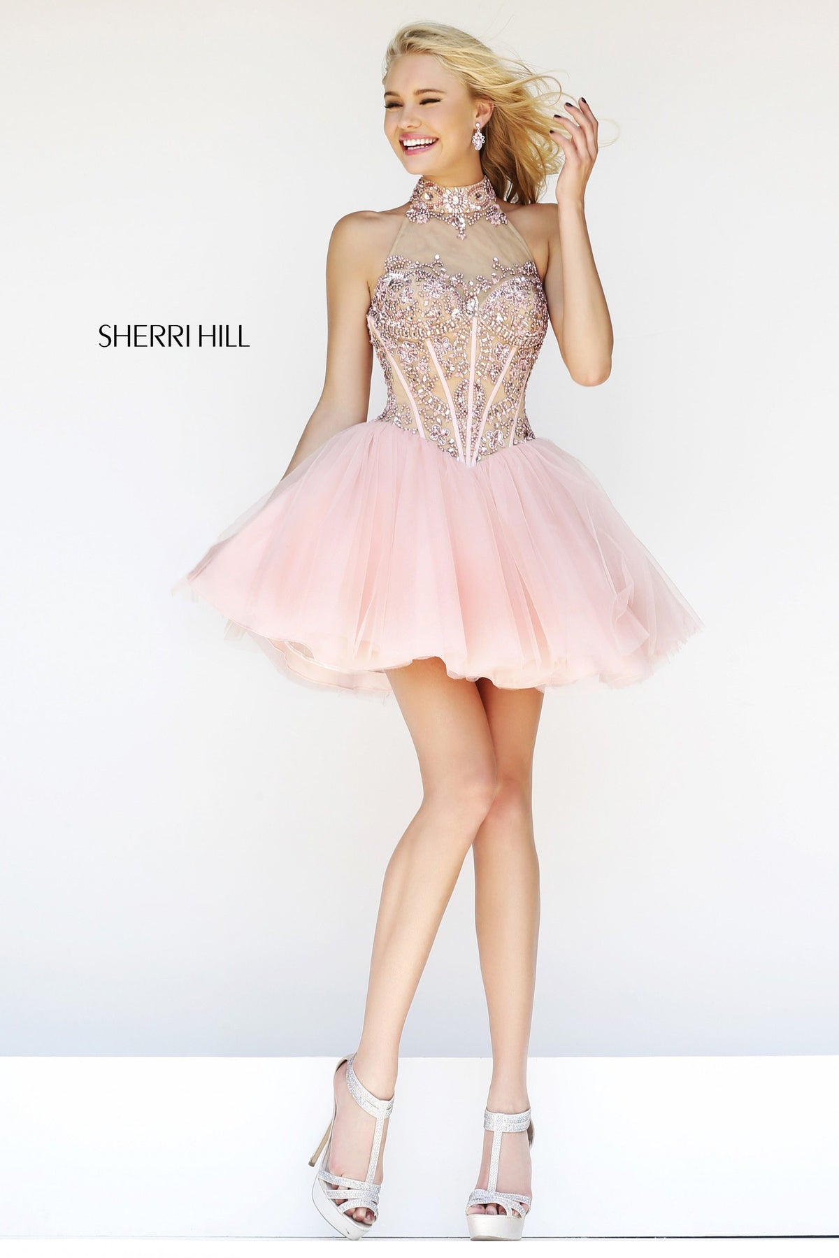 Sherri Hill 21225 high-neck beaded cocktail dress with tulle skirt