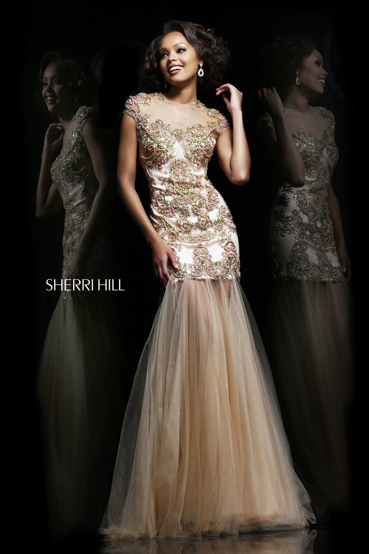 Sherri Hill 9810 beaded mermaid gown with tulle skirt in nude