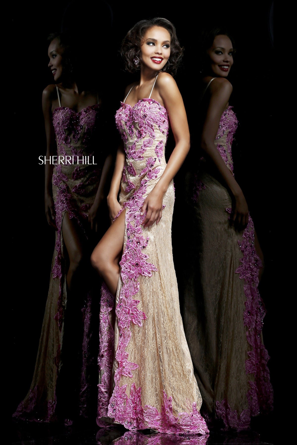 Sherri Hill 9817 strapless beaded fitted gown with slit in nude/pink