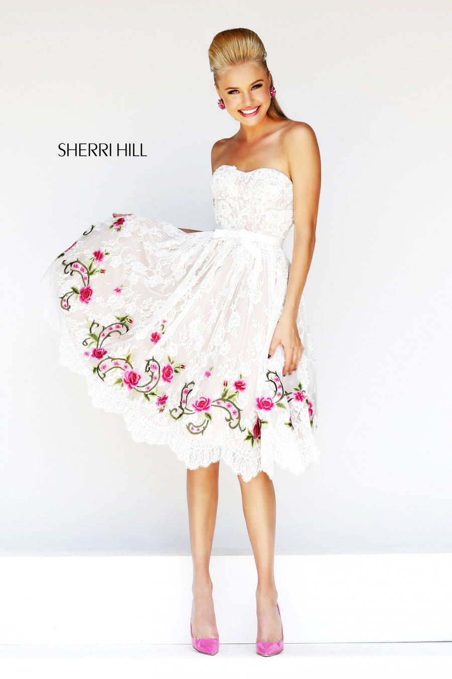 Sherri Hill style 21229 in ivory/fuchsia, Strapless Floral Embroidered Cocktail Dress