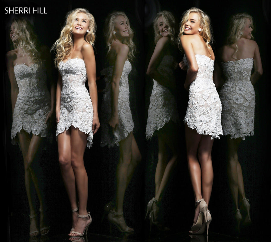 Sherri Hill style 11054 in white/nude, Lace Fitted Cocktail Dress