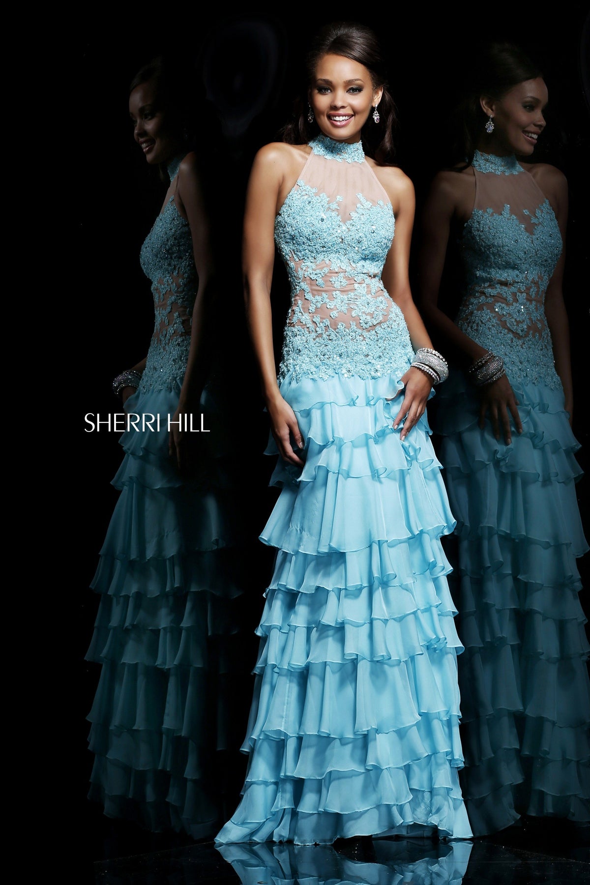 Sherri Hill 11052 high-neck gown with tiered ruffle skirt in aqua