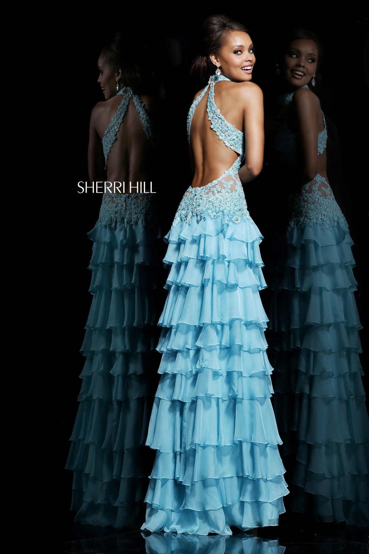 Sherri Hill 11052 high-neck gown with tiered ruffle skirt