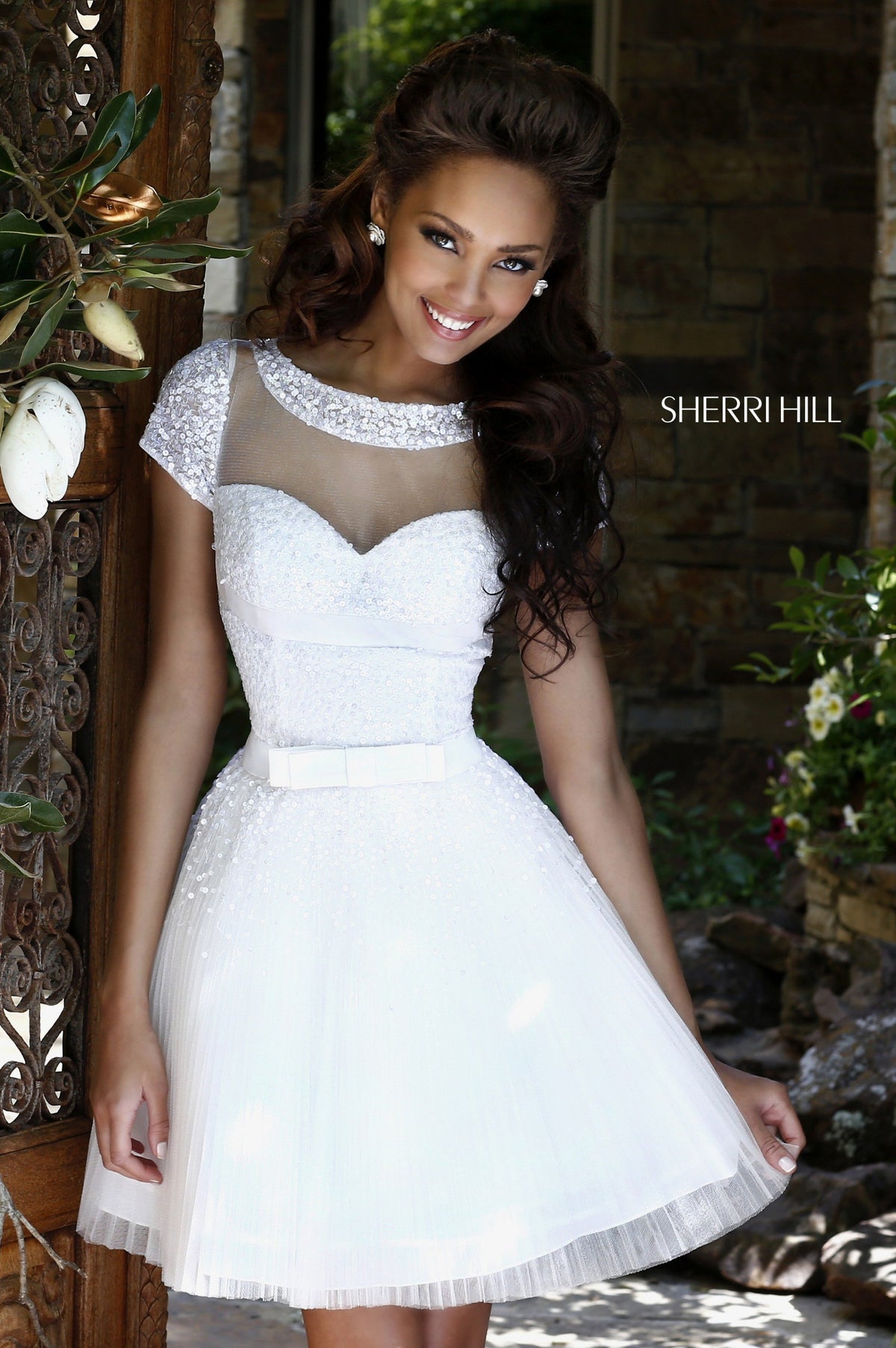 Sherri Hill 21231 cap-sleeve lace cocktail dress with bow waist in ivory