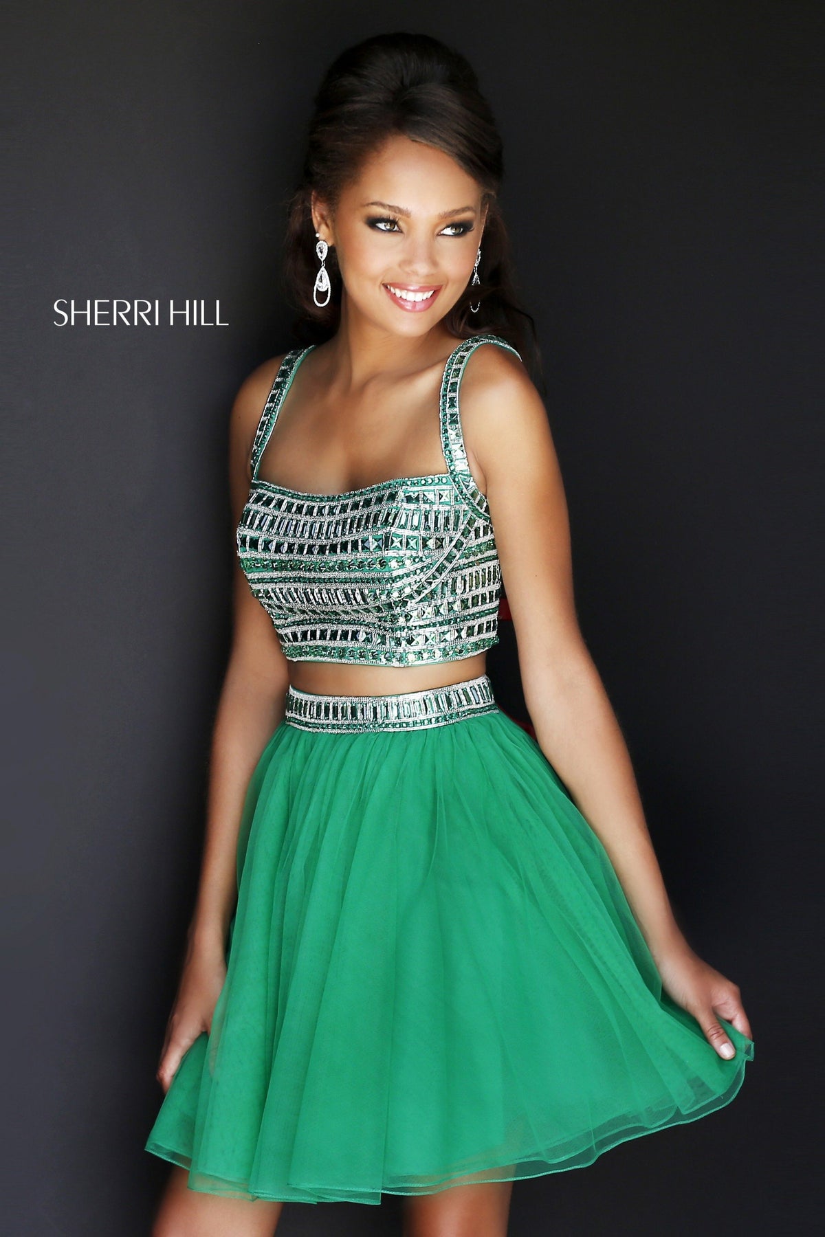 Sherri Hill 11060 two-piece beaded cocktail dress in emerald