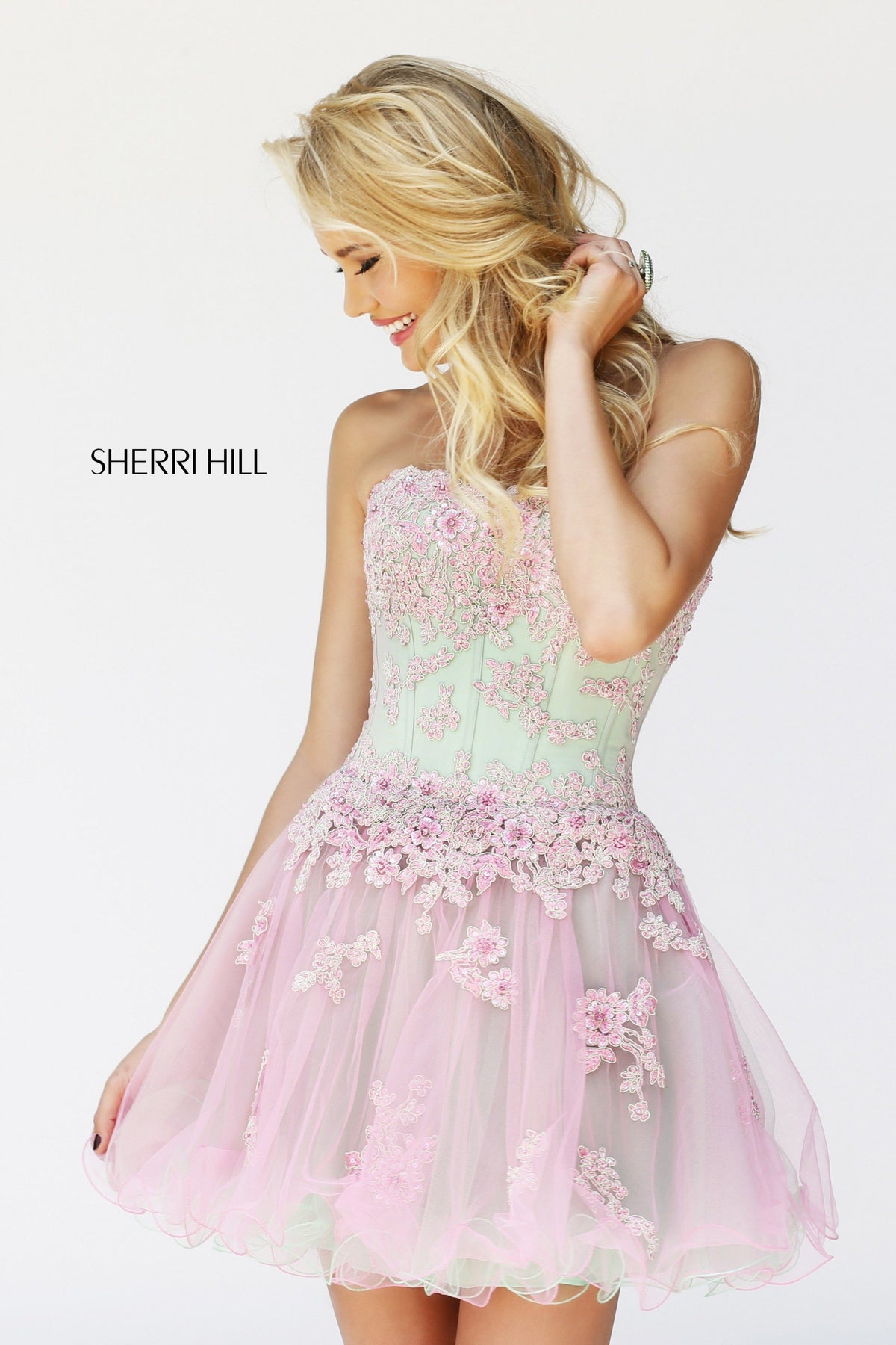 Sherri Hill 11062 strapless lace cocktail dress in pink/green