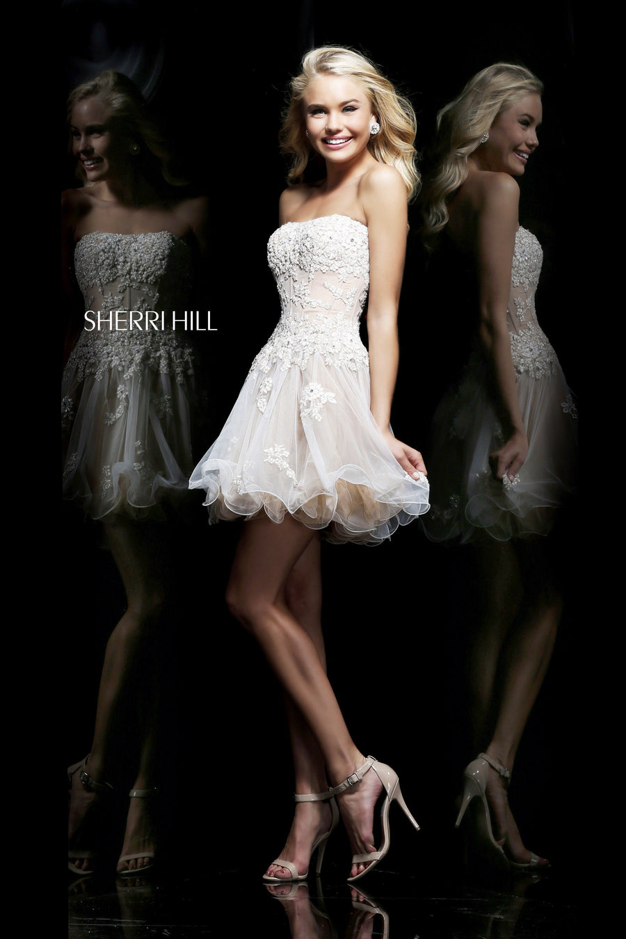 Sherri Hill style 11062 in pink/green, Strapless Lace Cocktail Dress