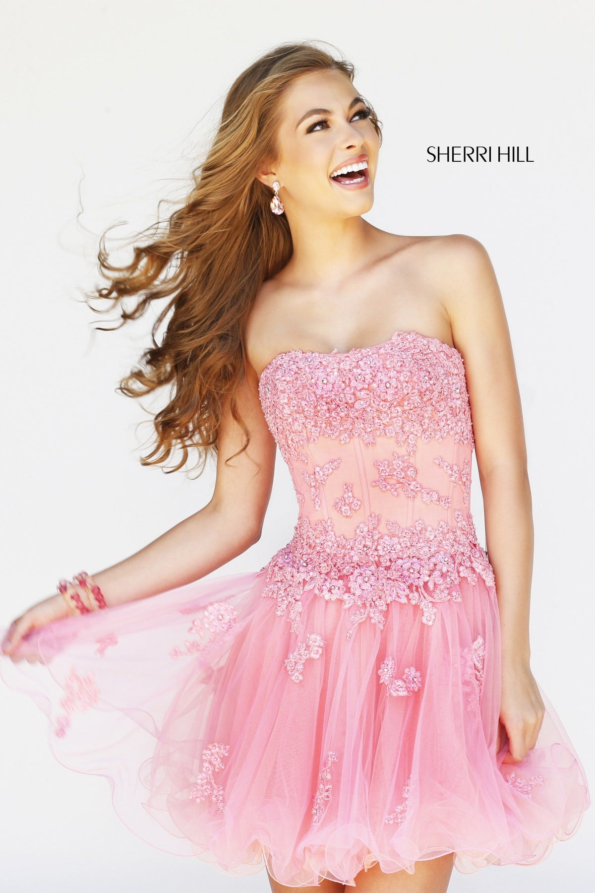 Sherri Hill 11062 strapless lace cocktail dress in pink/peach