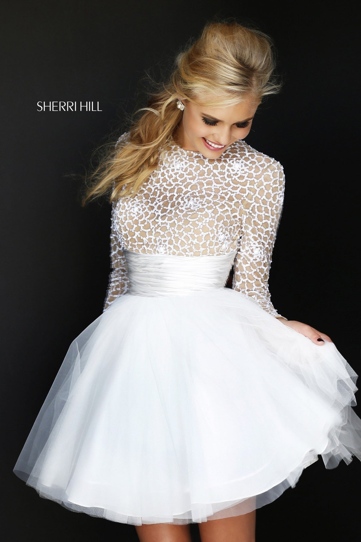 Sherri Hill 21233 long-sleeve beaded cocktail dress with tulle skirt in ivory/nude