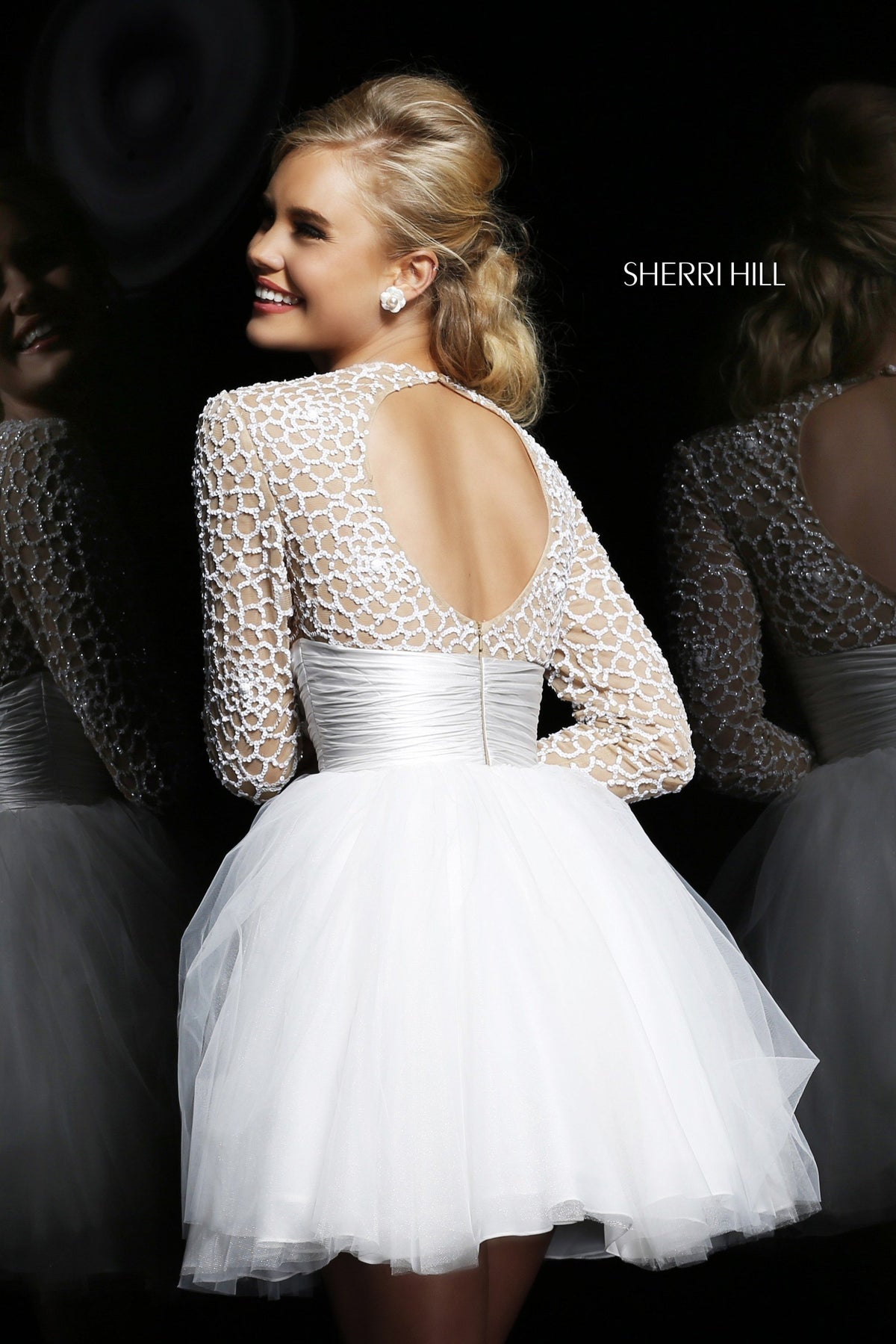 Sherri Hill 21233 long-sleeve beaded cocktail dress with tulle skirt in ivory/nude