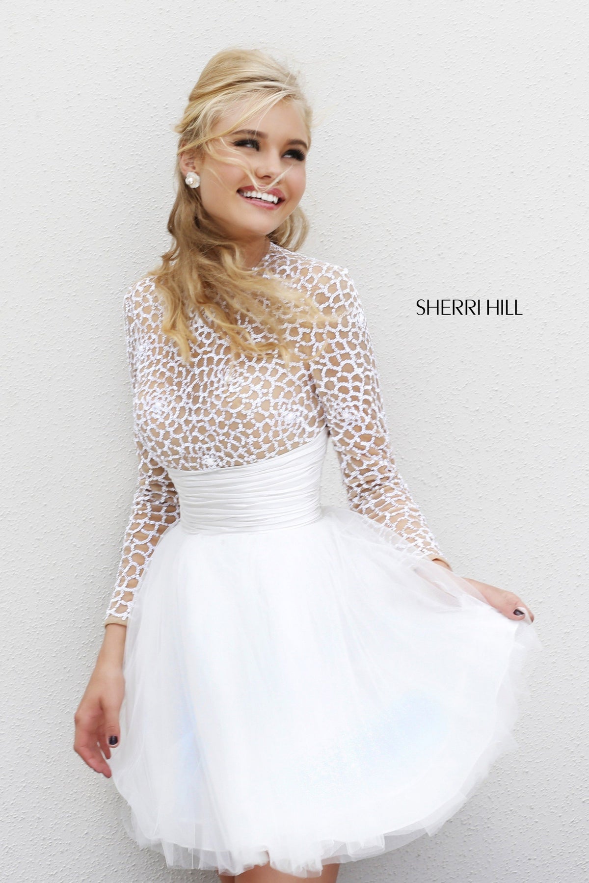 Sherri Hill 21233 long-sleeve beaded cocktail dress with tulle skirt in ivory/nude