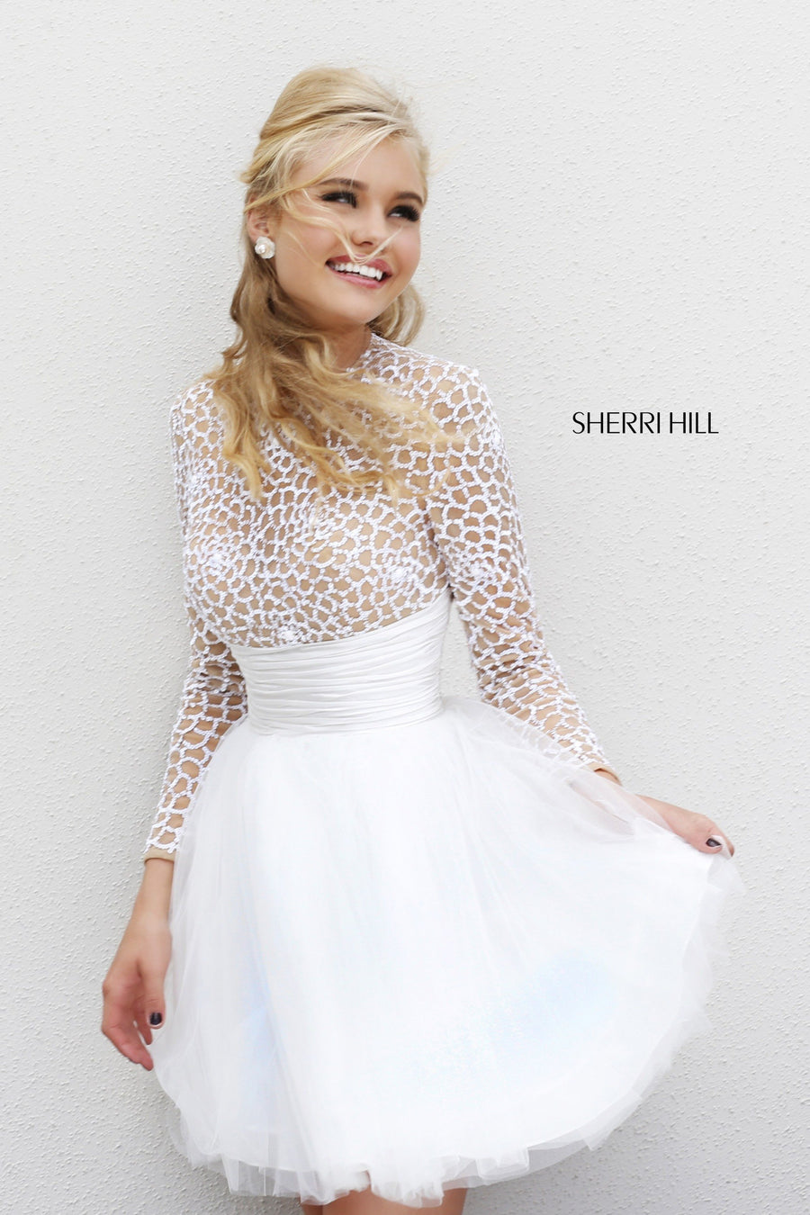 Sherri Hill style 21233 in ivory/nude, Long-Sleeve Beaded Cocktail Dress