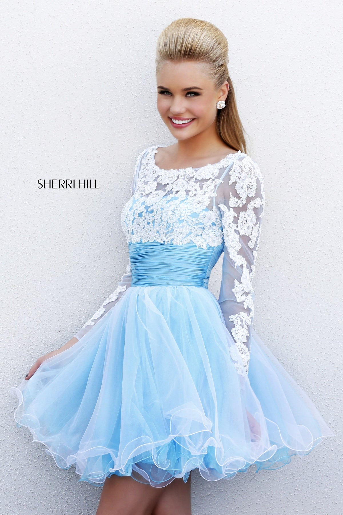 Sherri Hill 21234 long-sleeve lace cocktail dress with tulle skirt in blue/ivory