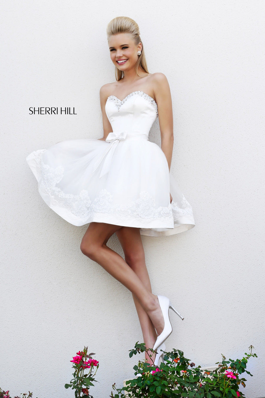 Sherri Hill style 21238 in ivory, Strapless Cocktail Dress with Full Skirt