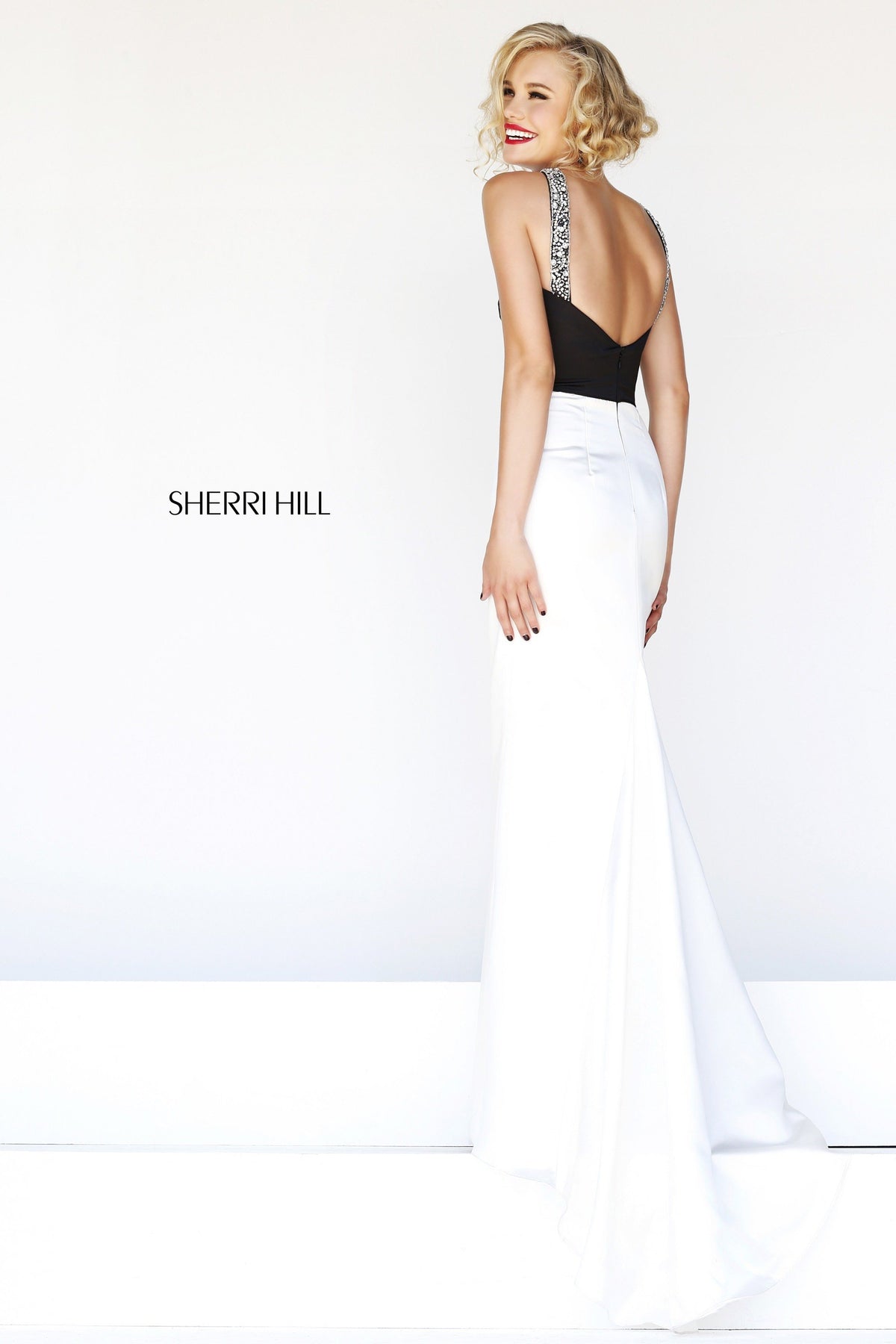 Sherri Hill 21240 halter two-piece mermaid gown in black/white