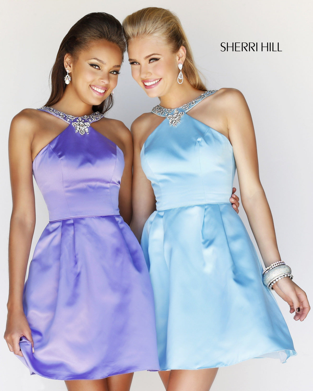Sherri Hill 21245 halter satin cocktail dress in light blue
