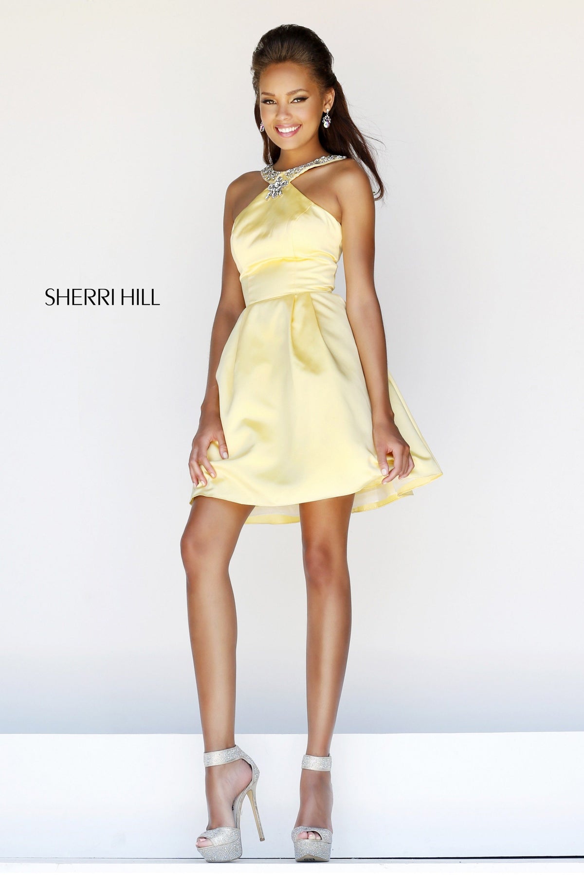 Sherri Hill 21245 halter satin cocktail dress in yellow