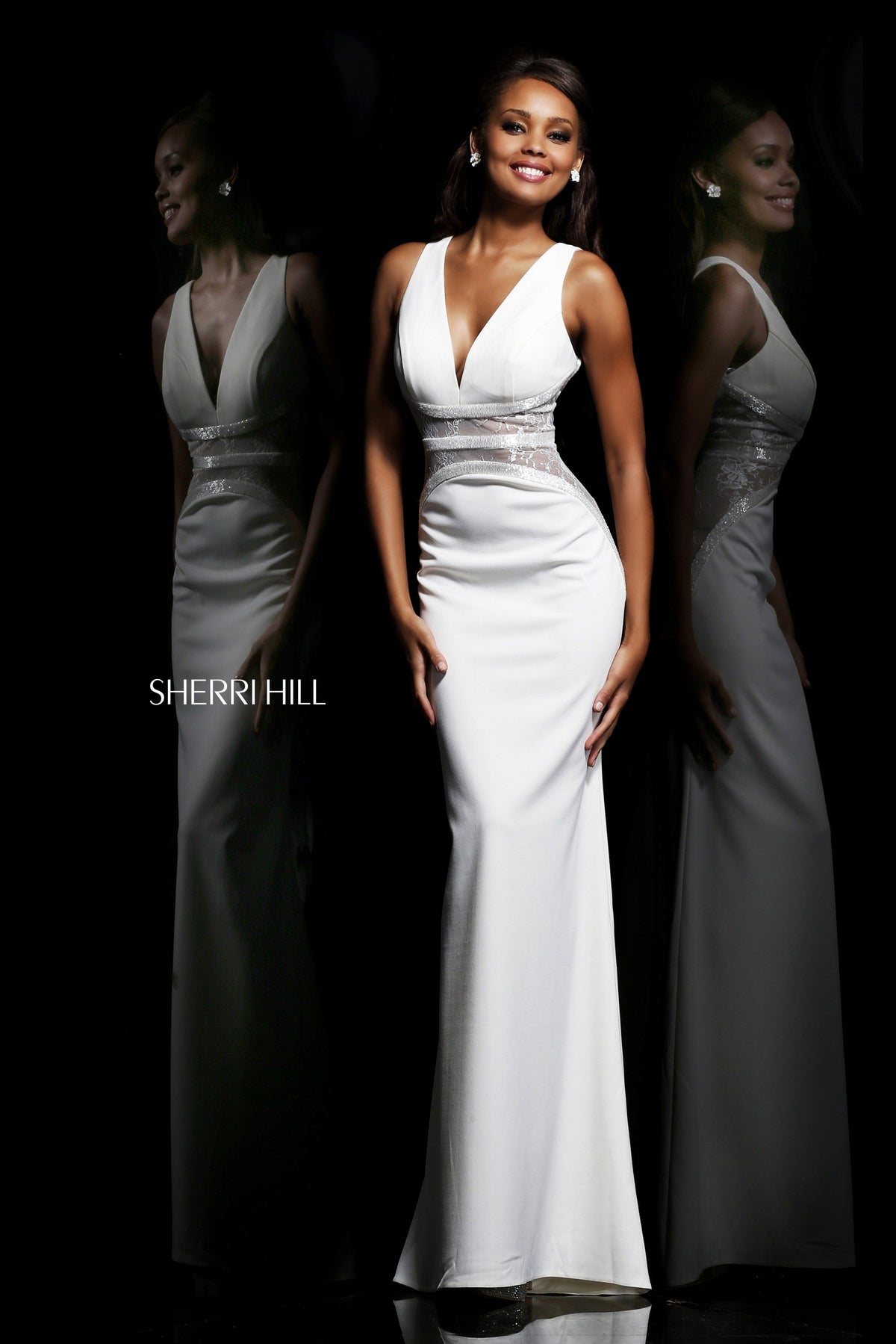 Sherri Hill 11067 V-neck fitted jersey gown with beaded waist in ivory